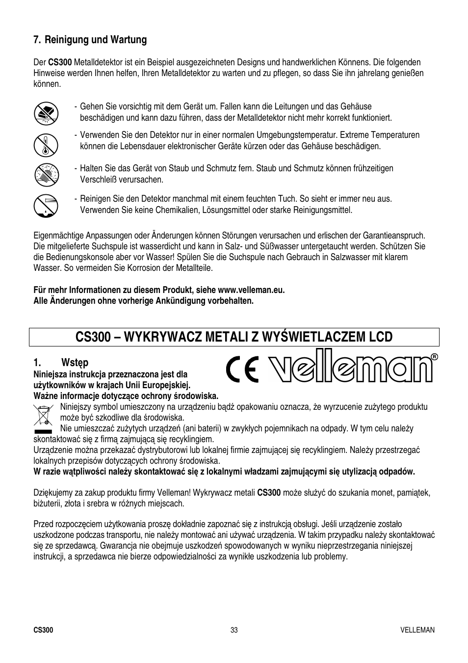 Cs300 – wykrywacz metali z wy ś wietlaczem lcd | Velleman CS300 User Manual | Page 33 / 40