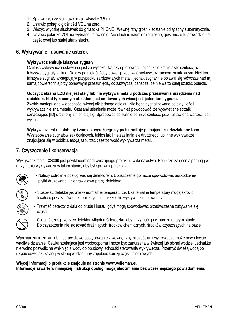 Wykrywanie i usuwanie usterek, Czyszczenie i konserwacja | Velleman CS300 User Manual | Page 39 / 40