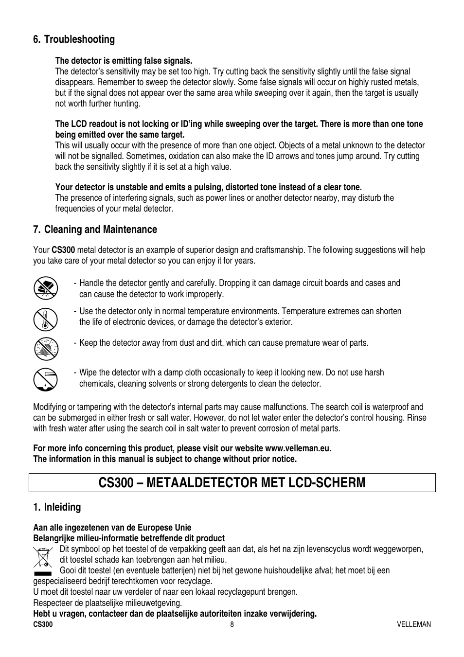 Cs300 – metaaldetector met lcd-scherm, Troubleshooting, Cleaning and maintenance | Inleiding | Velleman CS300 User Manual | Page 8 / 40