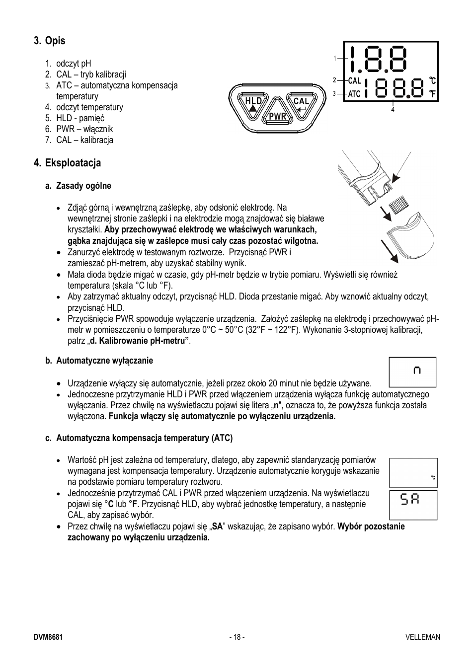 Opis, Eksploatacja | Velleman DVM8681 User Manual | Page 18 / 22