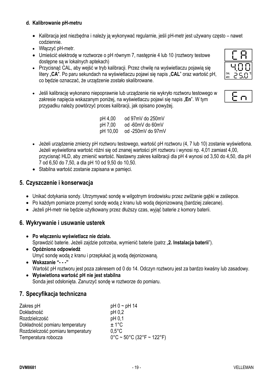 Czyszczenie i konserwacja, Wykrywanie i usuwanie usterek, Specyfikacja techniczna | Velleman DVM8681 User Manual | Page 19 / 22