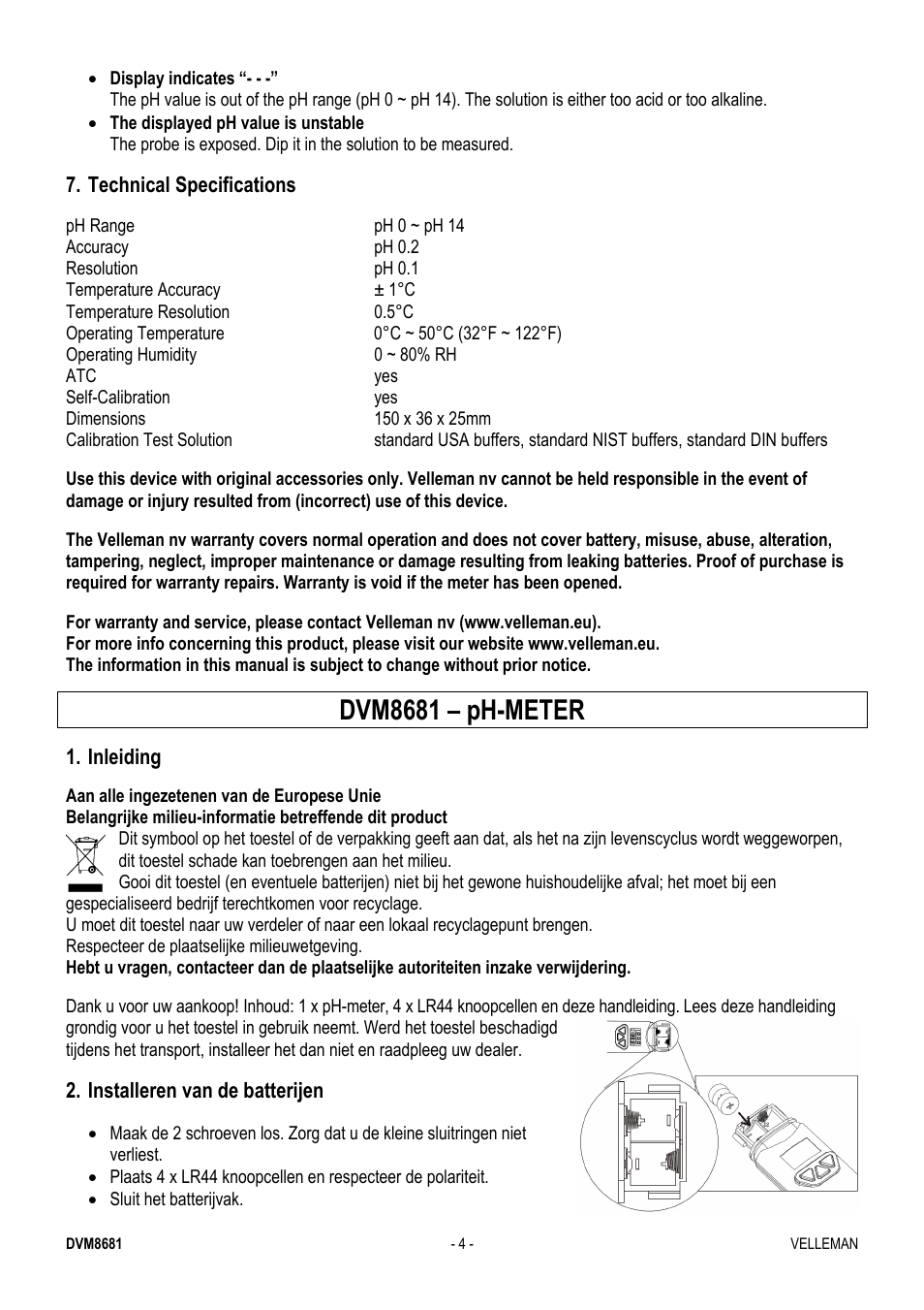 Dvm8681 – ph-meter, Technical specifications, Inleiding | Installeren van de batterijen | Velleman DVM8681 User Manual | Page 4 / 22