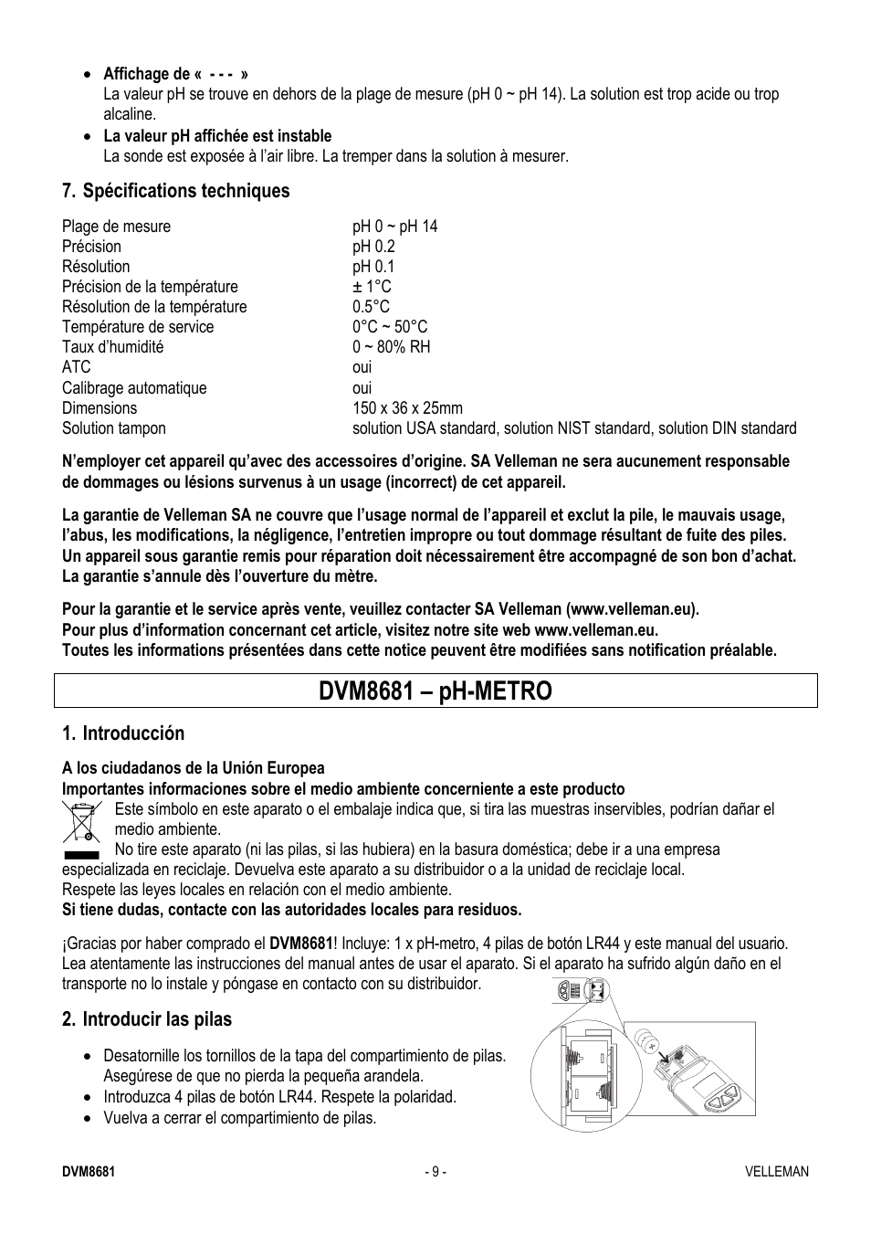 Dvm8681 – ph-metro, Spécifications techniques, Introducción | Introducir las pilas | Velleman DVM8681 User Manual | Page 9 / 22