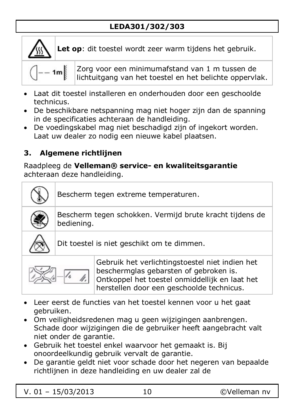 Algemene richtlijnen | Velleman LEDA301 User Manual | Page 10 / 40