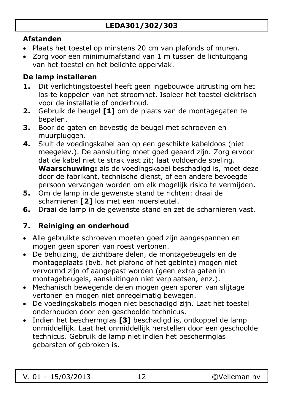 Afstanden, De lamp installeren, Reiniging en onderhoud | Velleman LEDA301 User Manual | Page 12 / 40