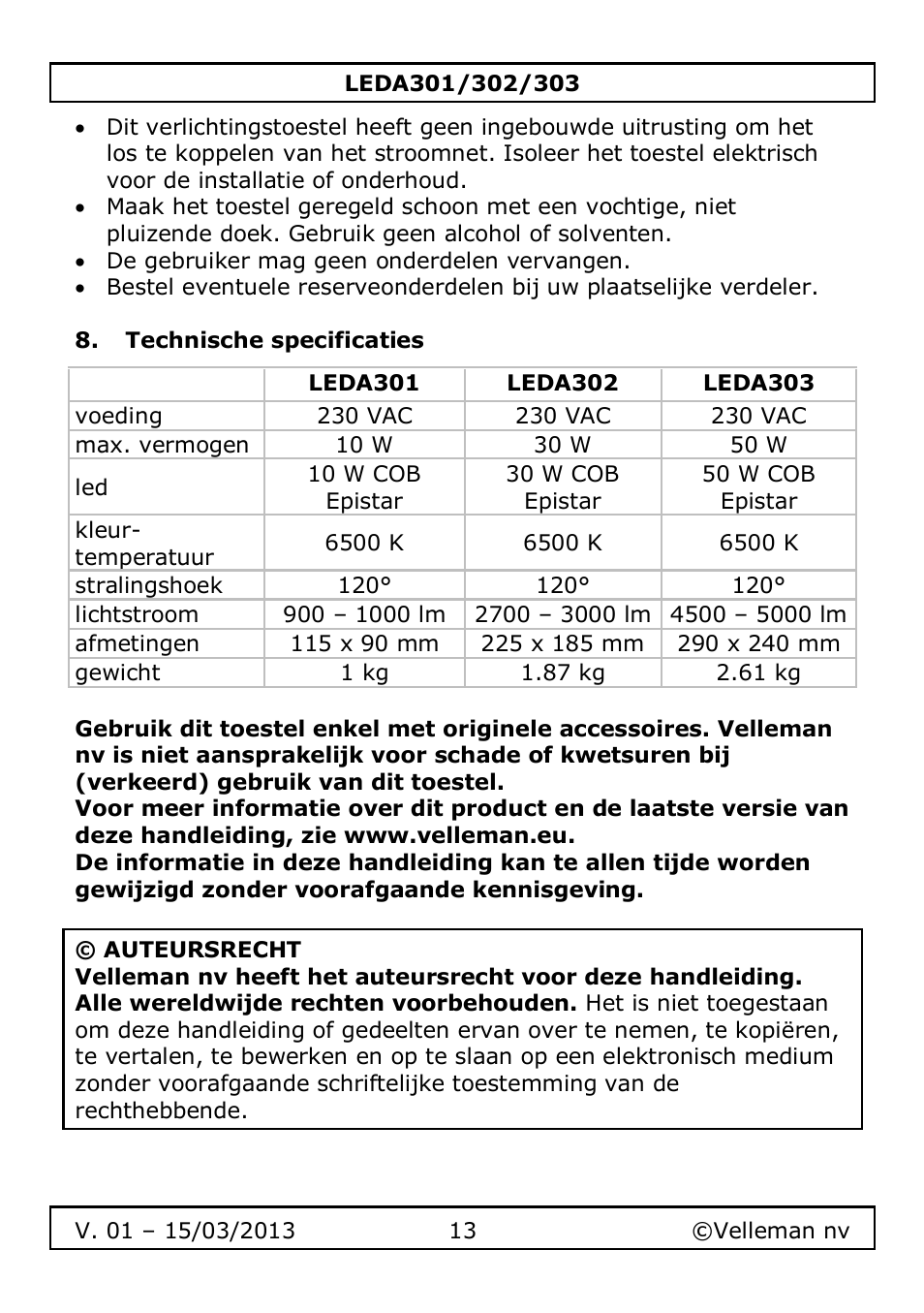 Technische specificaties | Velleman LEDA301 User Manual | Page 13 / 40