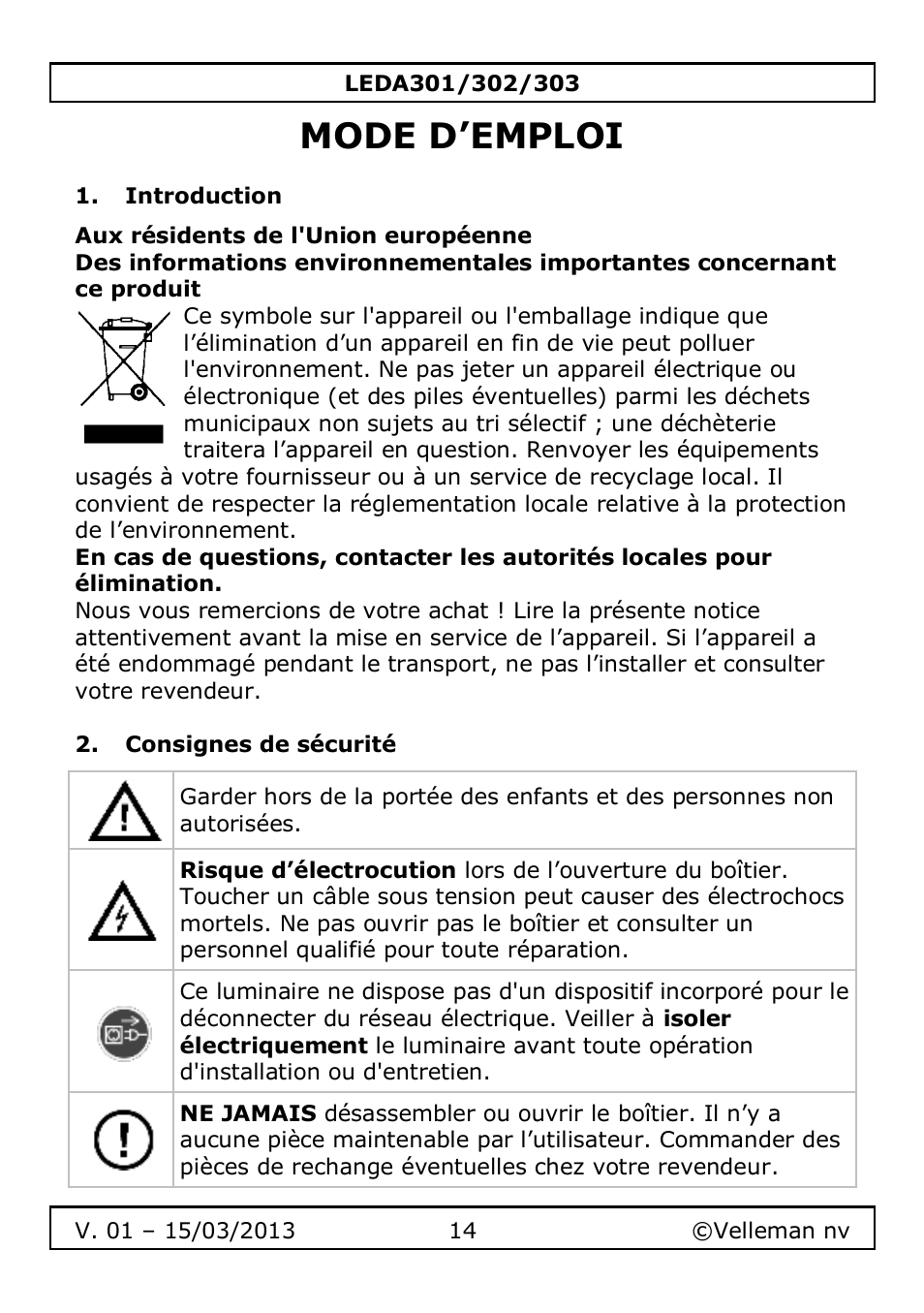 Mode d’emploi, Introduction, Consignes de sécurité | Velleman LEDA301 User Manual | Page 14 / 40