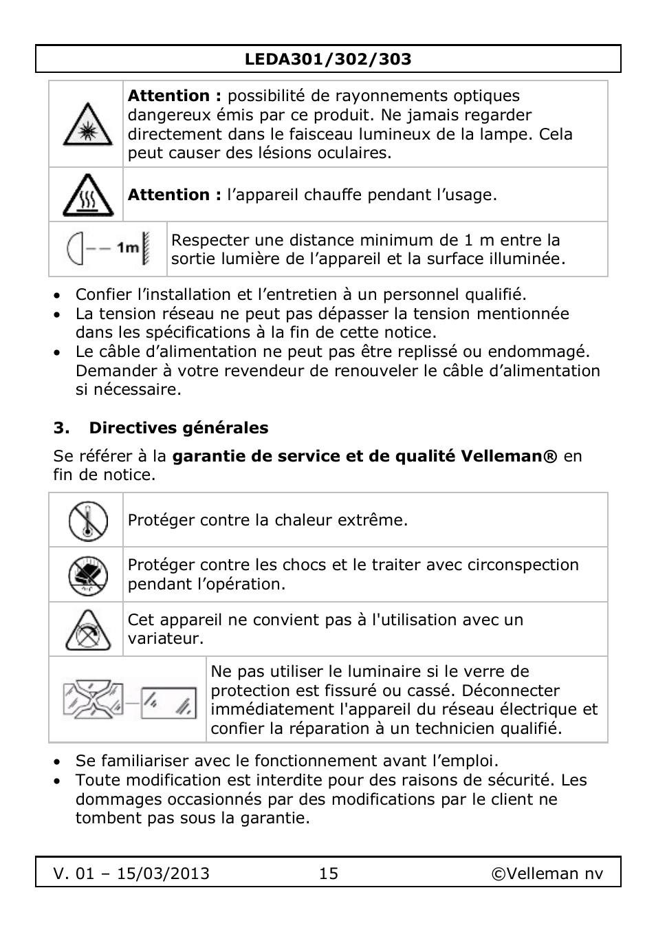 Directives générales | Velleman LEDA301 User Manual | Page 15 / 40