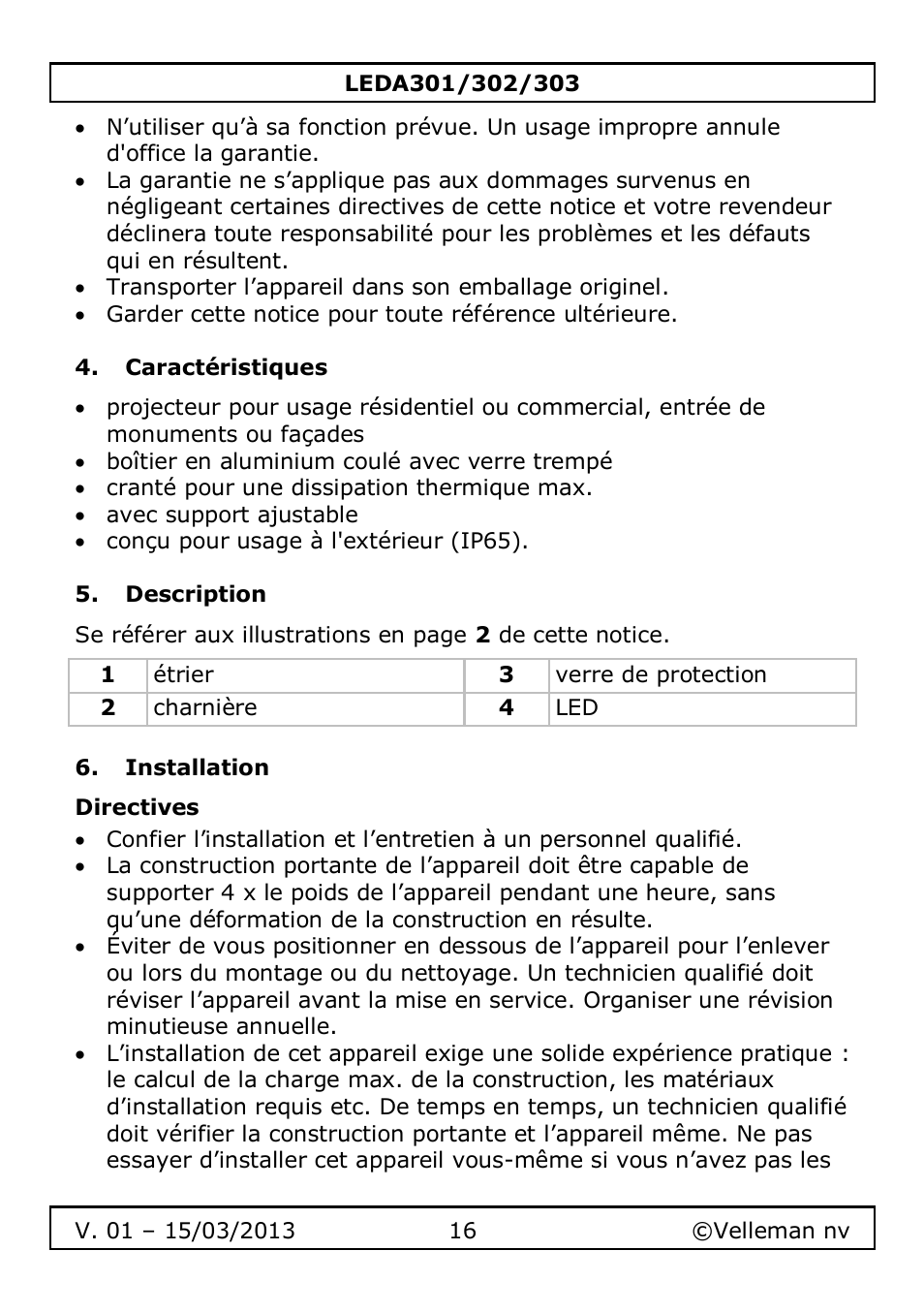 Caractéristiques, Description, Installation | Directives | Velleman LEDA301 User Manual | Page 16 / 40