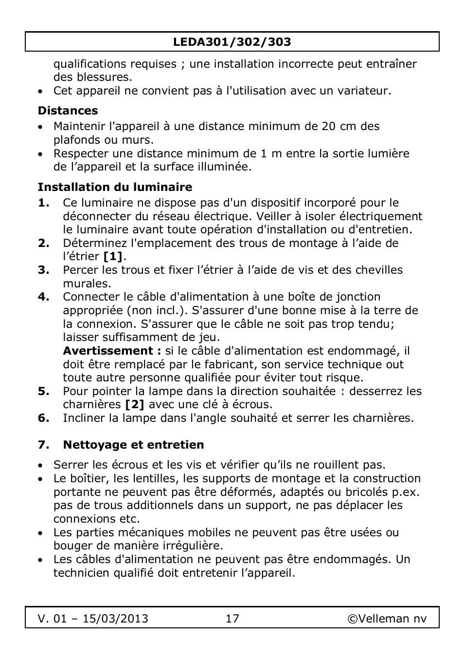 Distances, Installation du luminaire, Nettoyage et entretien | Velleman LEDA301 User Manual | Page 17 / 40