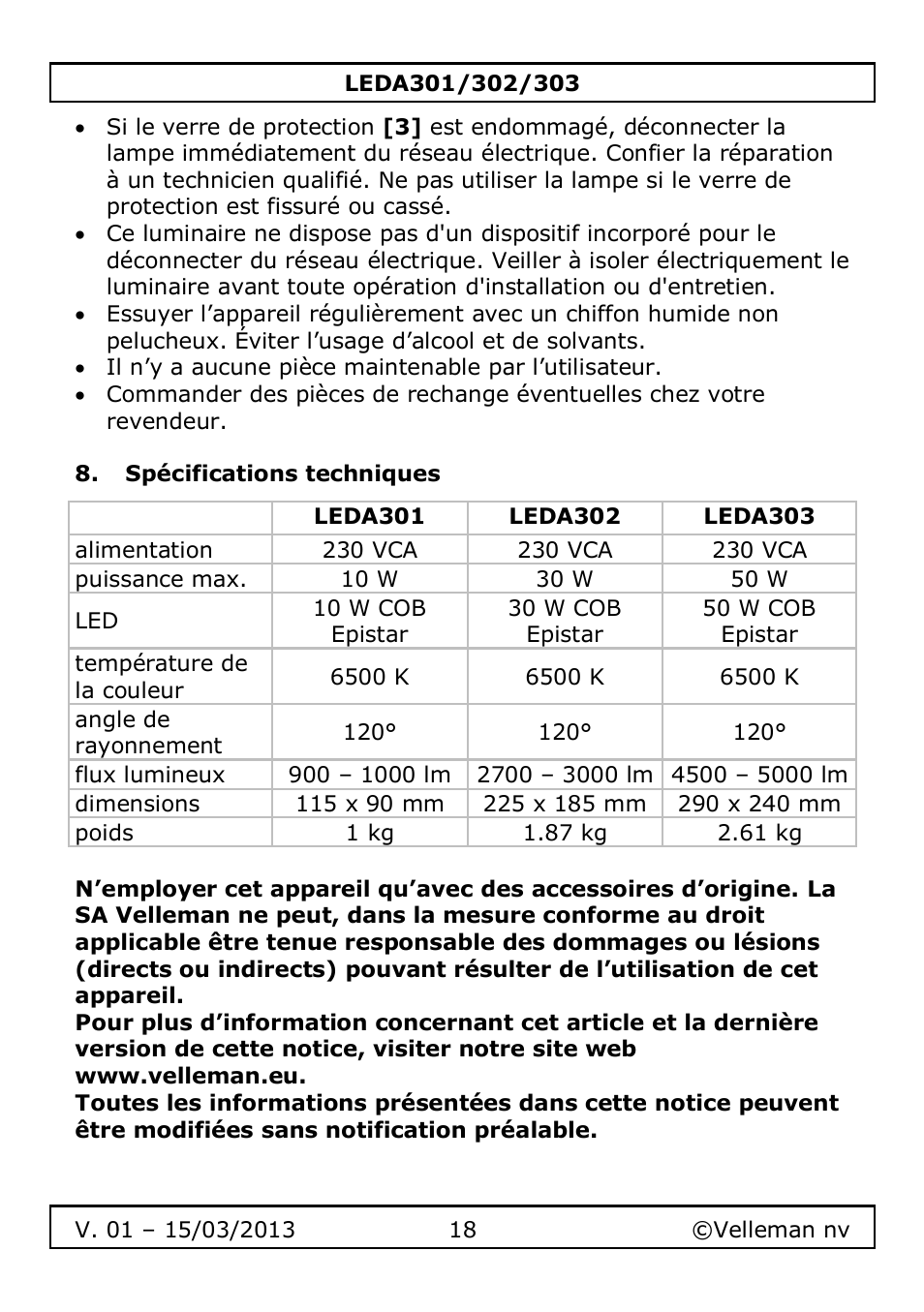 Spécifications techniques | Velleman LEDA301 User Manual | Page 18 / 40