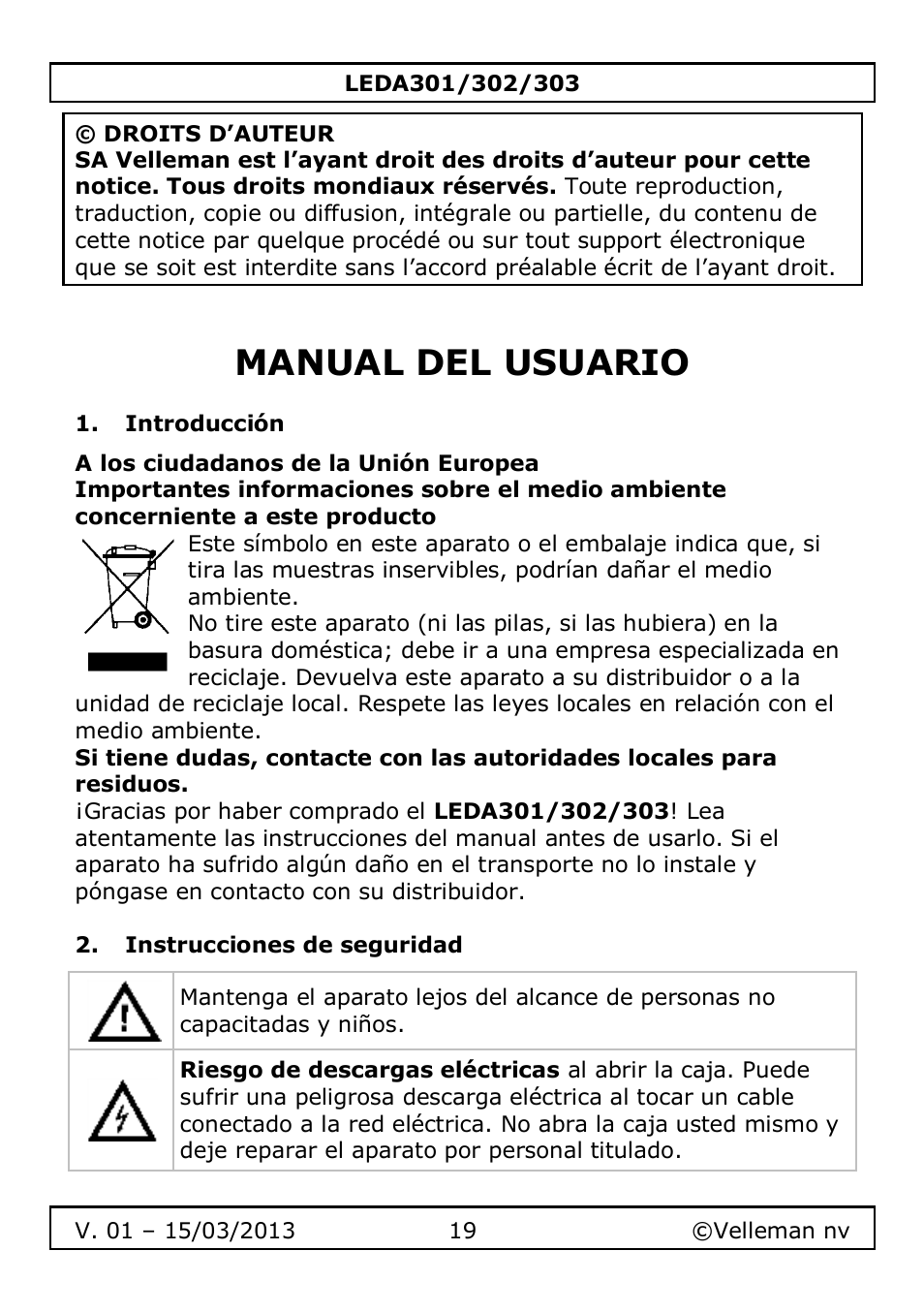 Manual del usuario, Introducción, Instrucciones de seguridad | Velleman LEDA301 User Manual | Page 19 / 40