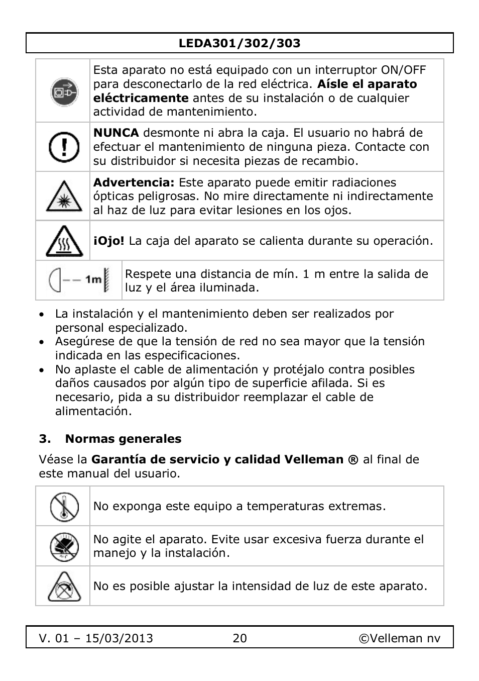 Normas generales | Velleman LEDA301 User Manual | Page 20 / 40