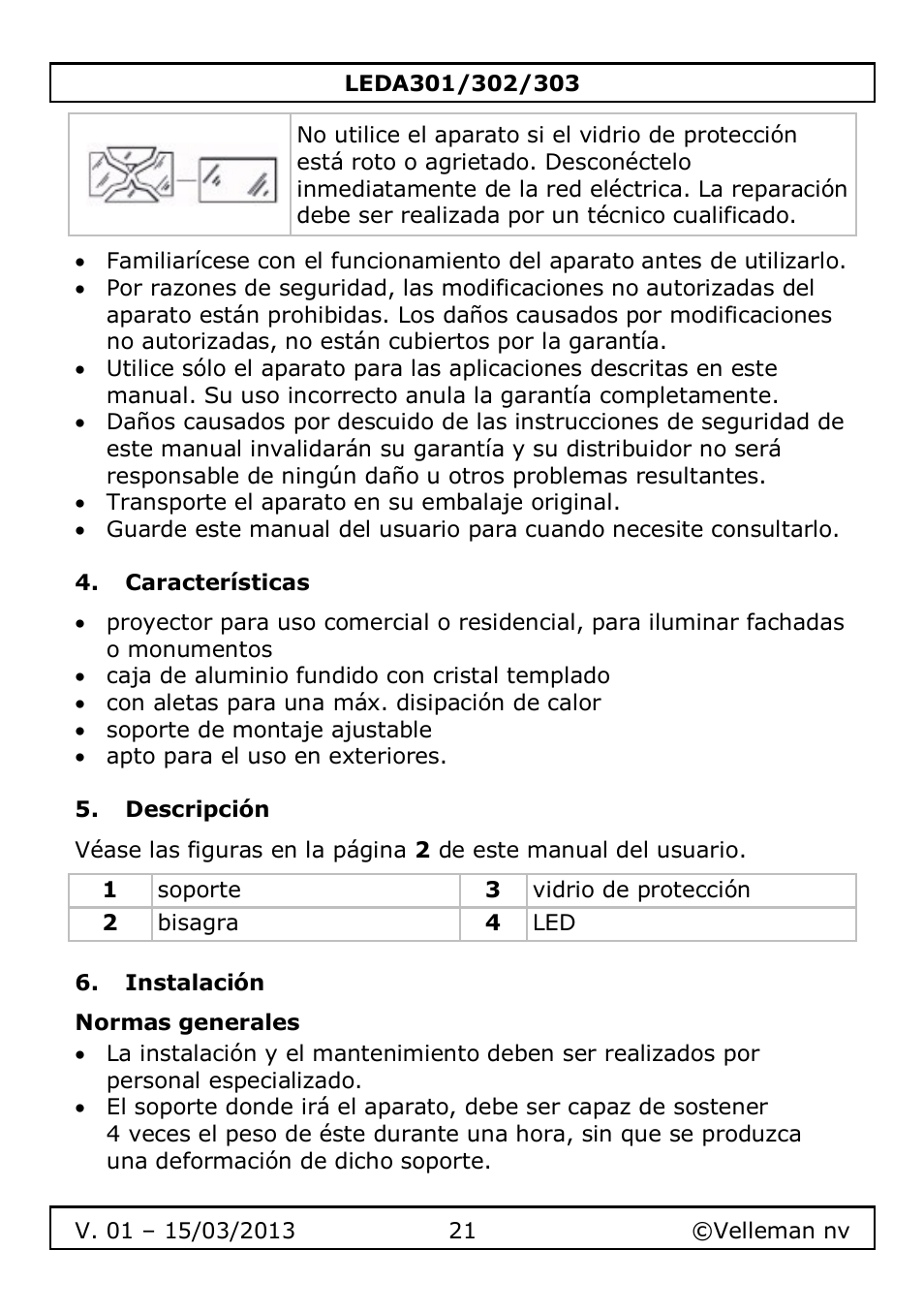 Características, Descripción, Instalación | Normas generales | Velleman LEDA301 User Manual | Page 21 / 40