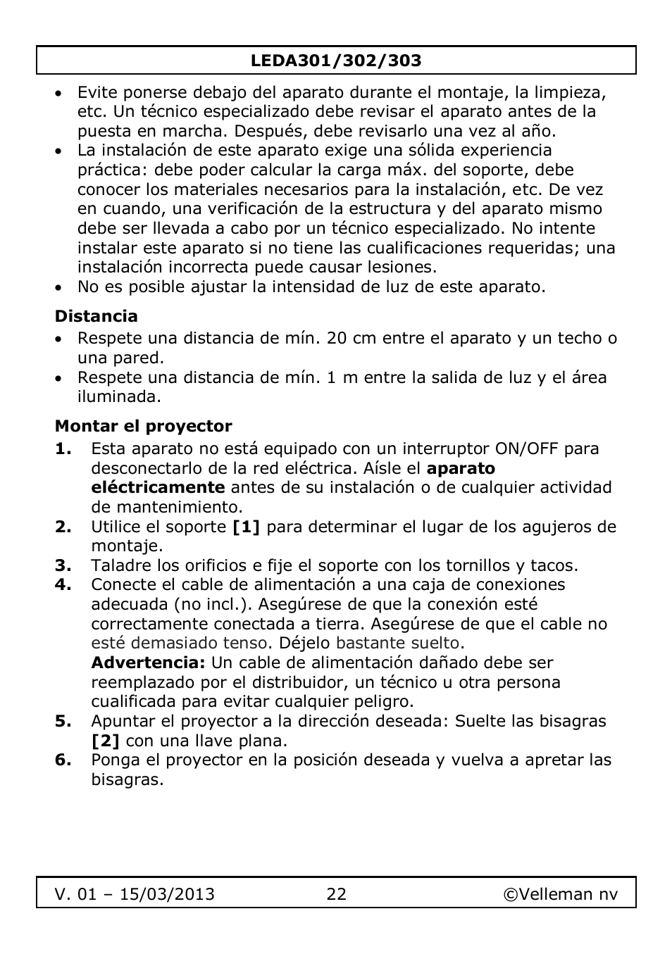Distancia, Montar el proyector | Velleman LEDA301 User Manual | Page 22 / 40
