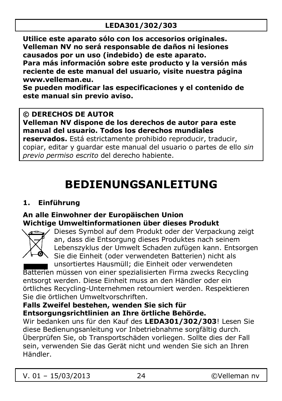 Bedienungsanleitung, Einführung | Velleman LEDA301 User Manual | Page 24 / 40