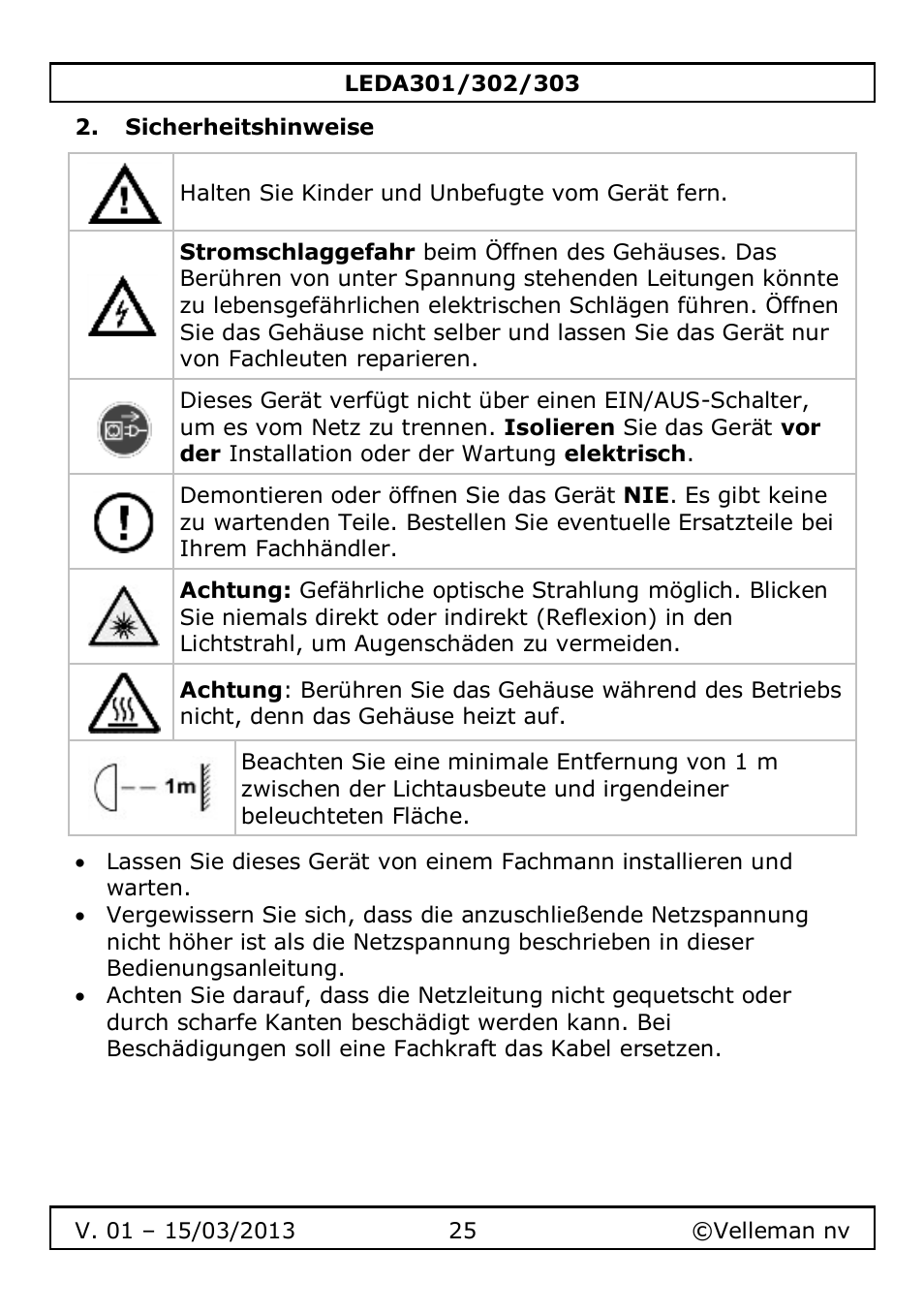 Sicherheitshinweise | Velleman LEDA301 User Manual | Page 25 / 40