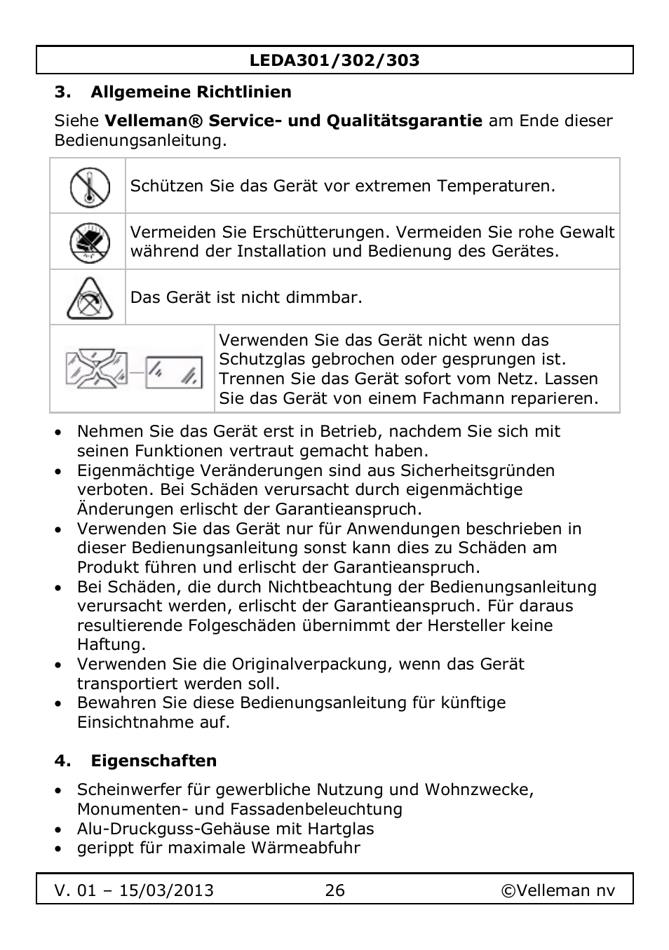 Allgemeine richtlinien, Eigenschaften | Velleman LEDA301 User Manual | Page 26 / 40