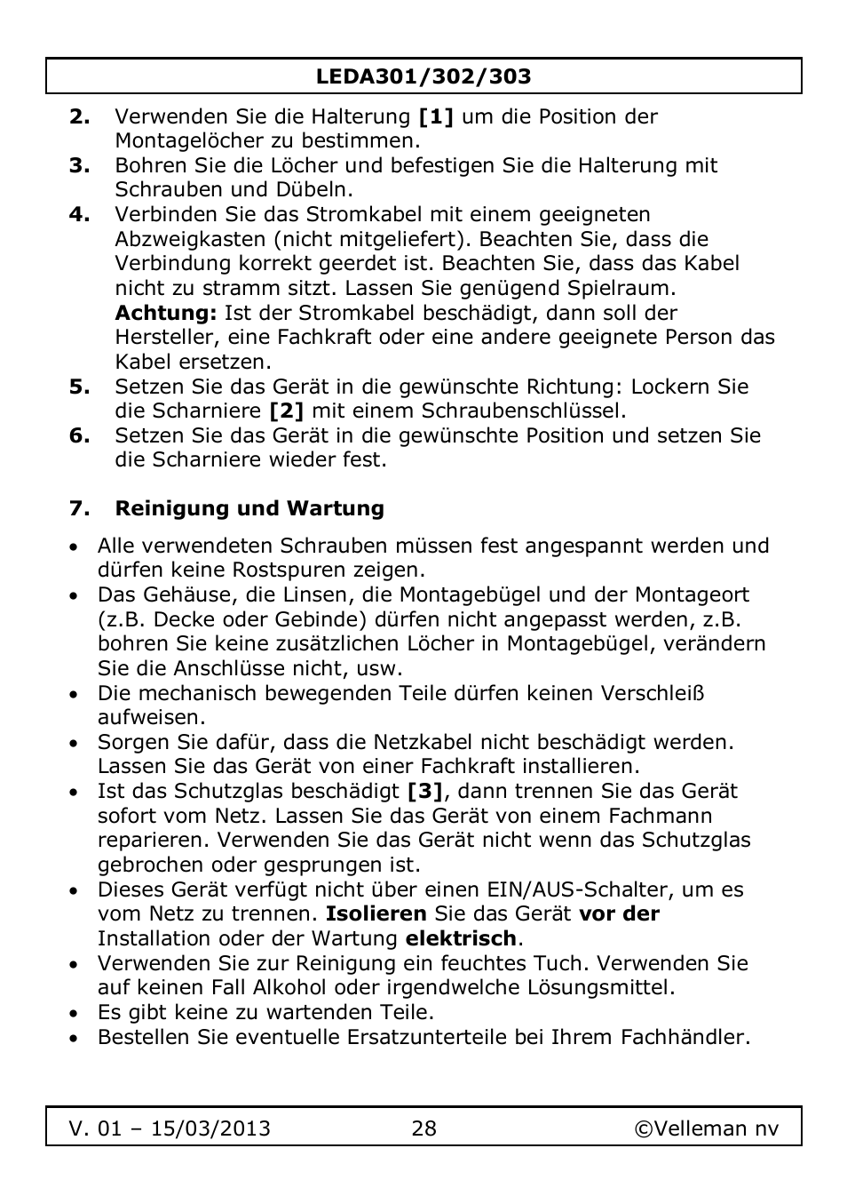 Reinigung und wartung | Velleman LEDA301 User Manual | Page 28 / 40