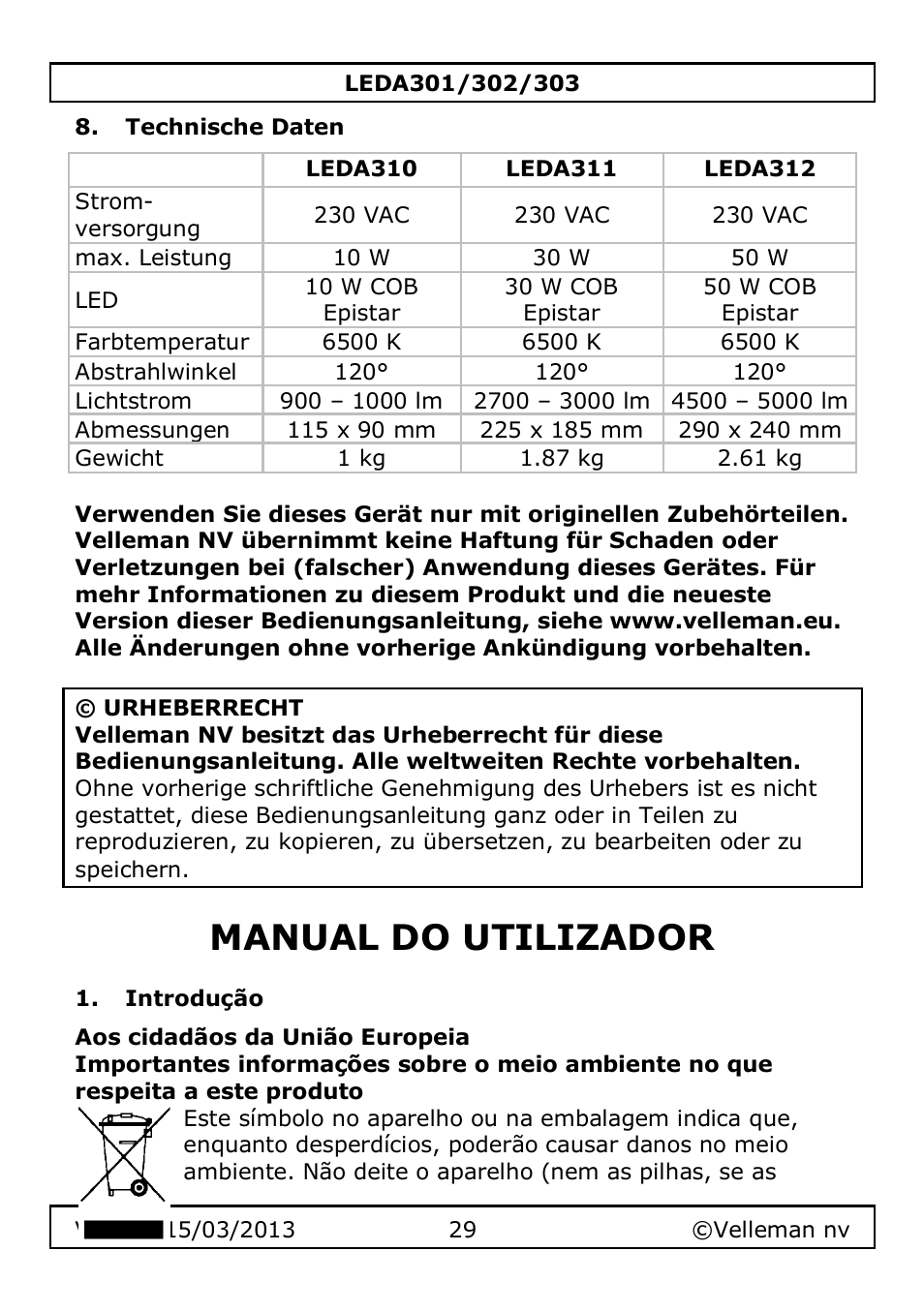 Technische daten, Manual do utilizador, Introdução | Velleman LEDA301 User Manual | Page 29 / 40