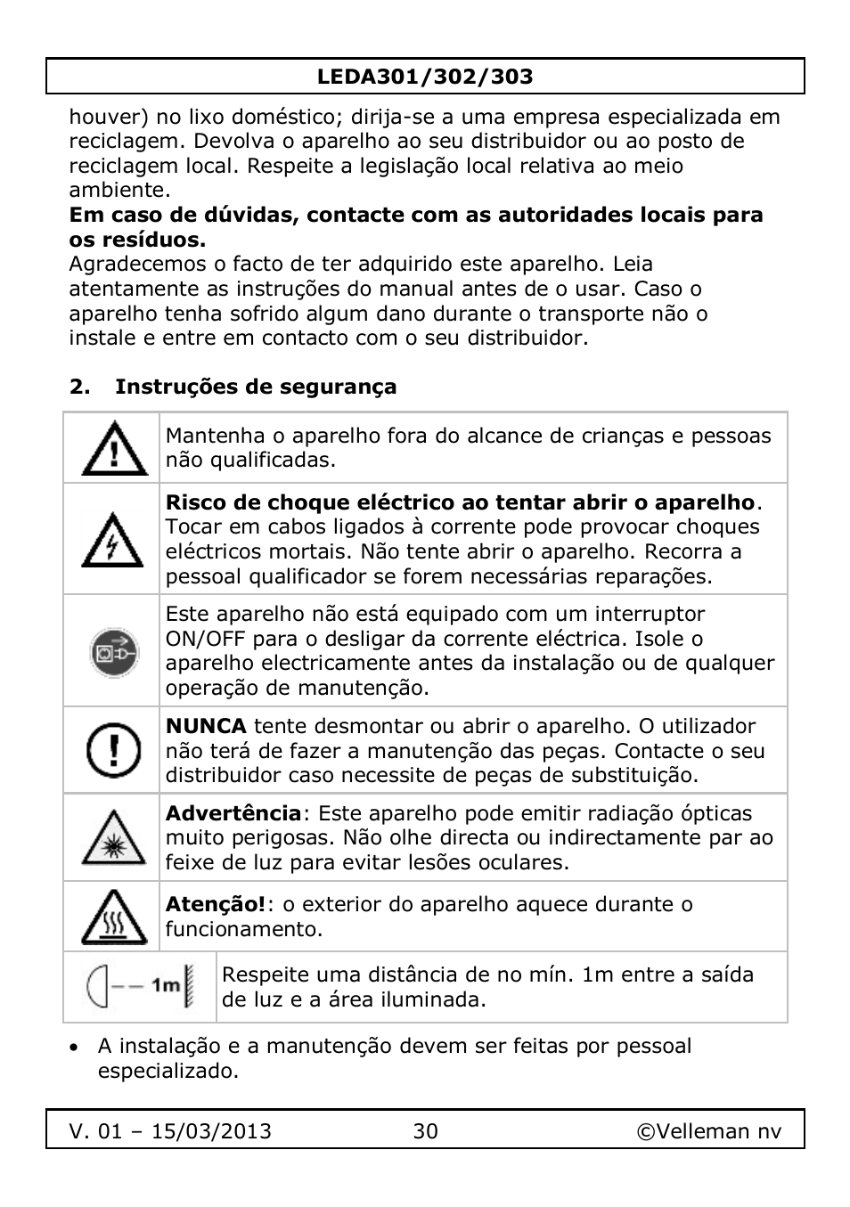 Instruções de segurança | Velleman LEDA301 User Manual | Page 30 / 40