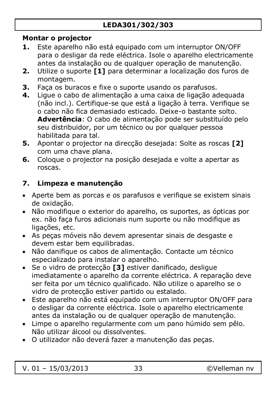 Montar o projector, Limpeza e manutenção | Velleman LEDA301 User Manual | Page 33 / 40