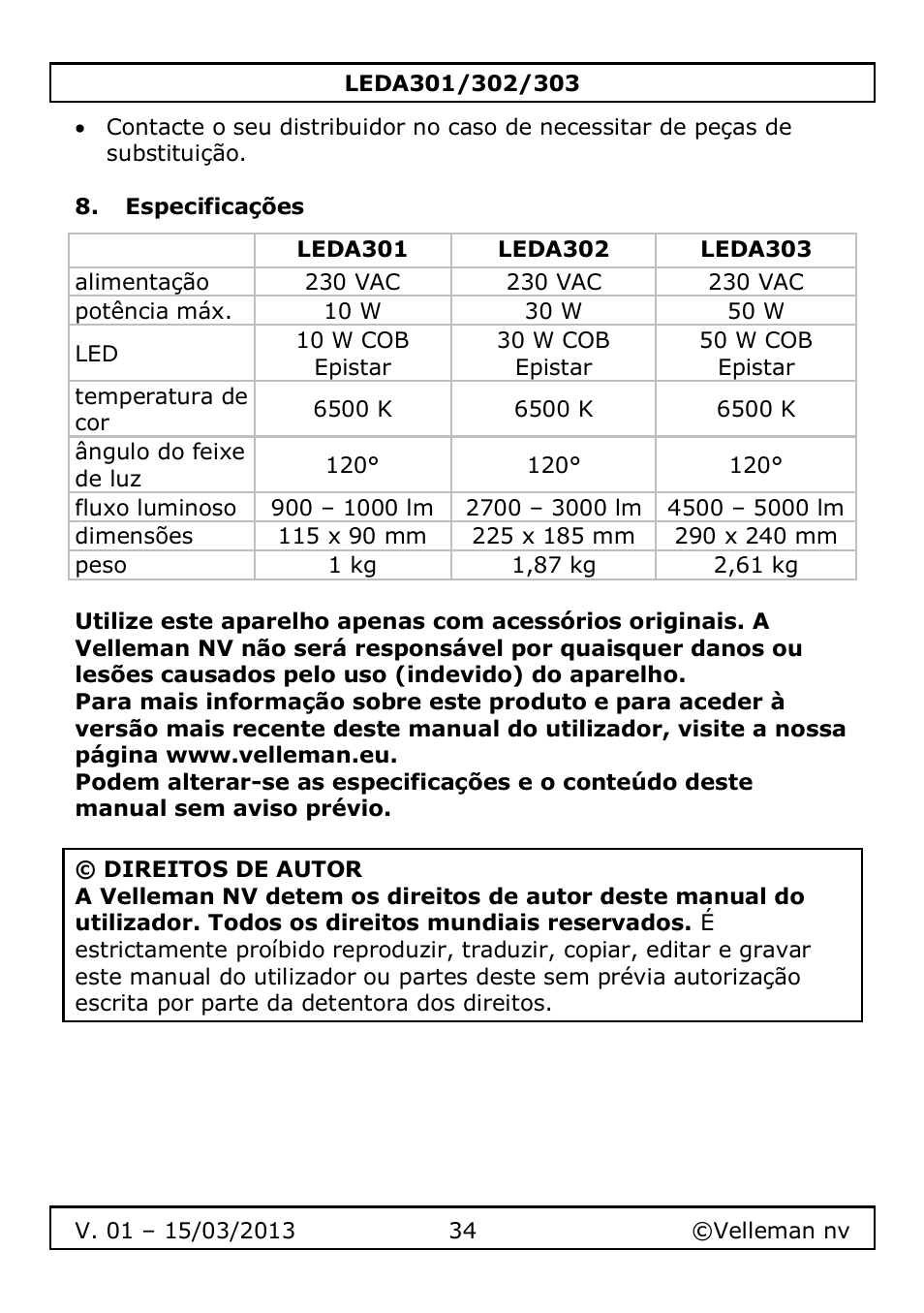 Especificações | Velleman LEDA301 User Manual | Page 34 / 40