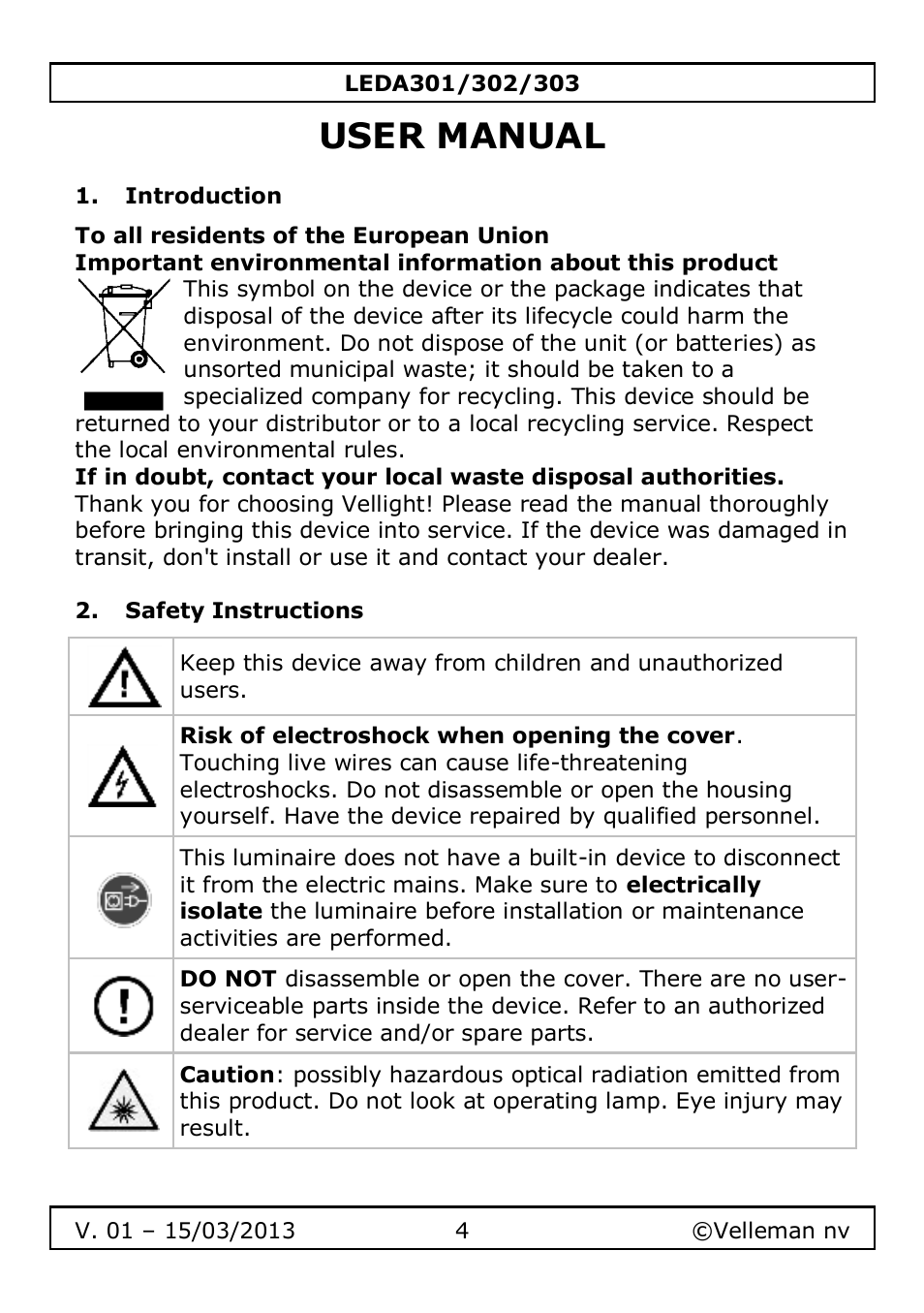 User manual, Introduction, Safety instructions | Velleman LEDA301 User Manual | Page 4 / 40