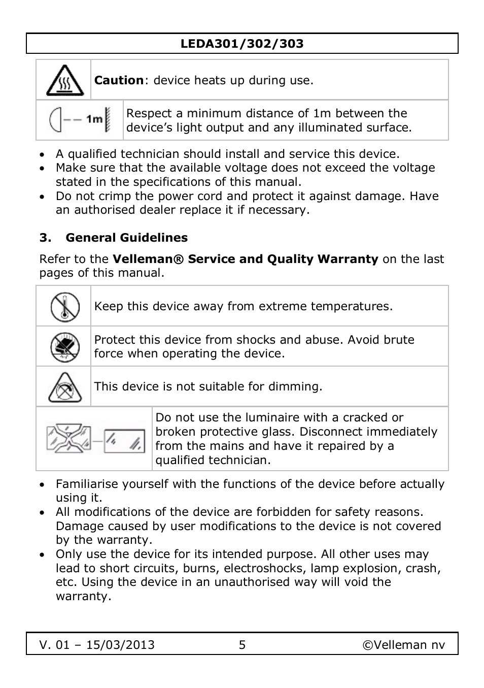 General guidelines | Velleman LEDA301 User Manual | Page 5 / 40
