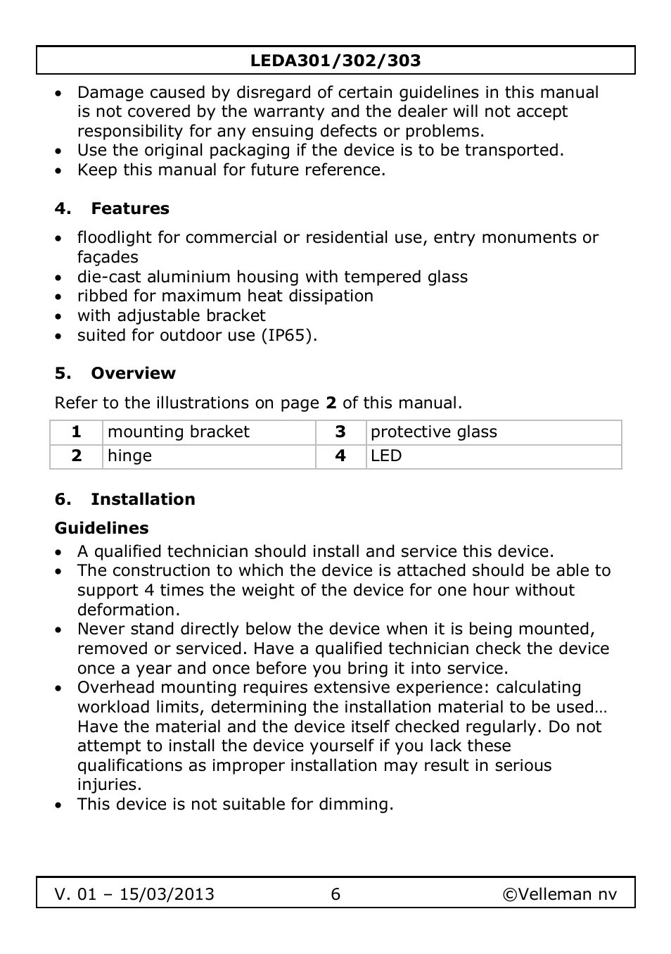 Features, Overview, Installation | Guidelines | Velleman LEDA301 User Manual | Page 6 / 40