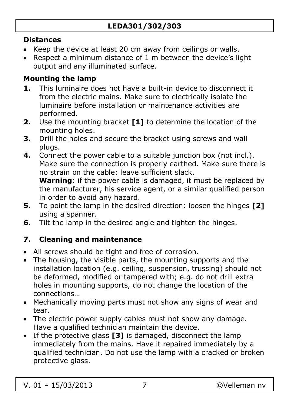 Distances, Mounting the lamp, Cleaning and maintenance | Velleman LEDA301 User Manual | Page 7 / 40