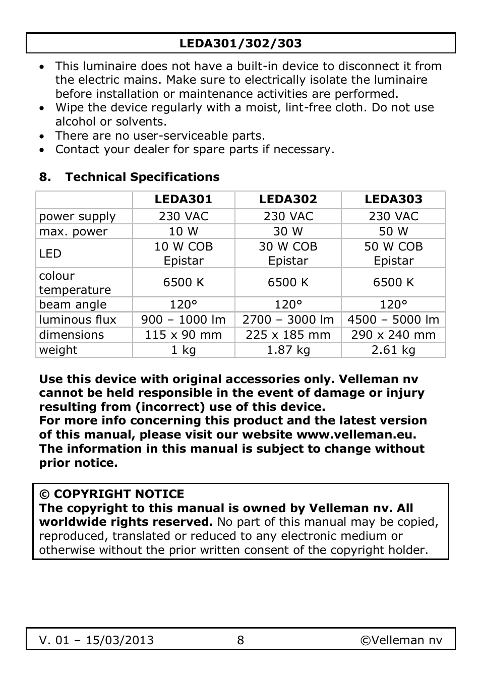 Technical specifications | Velleman LEDA301 User Manual | Page 8 / 40