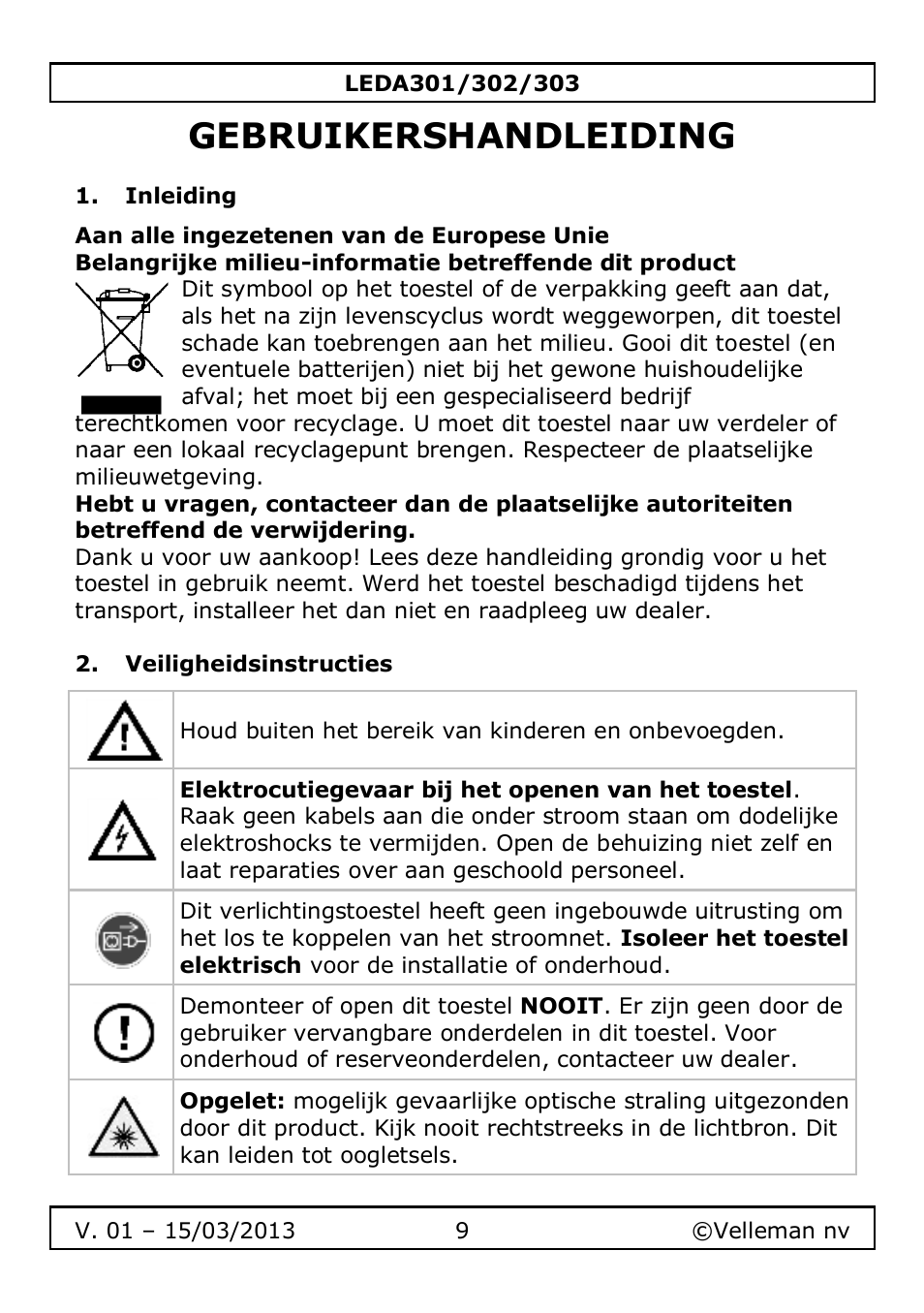 Gebruikershandleiding, Inleiding, Veiligheidsinstructies | Velleman LEDA301 User Manual | Page 9 / 40