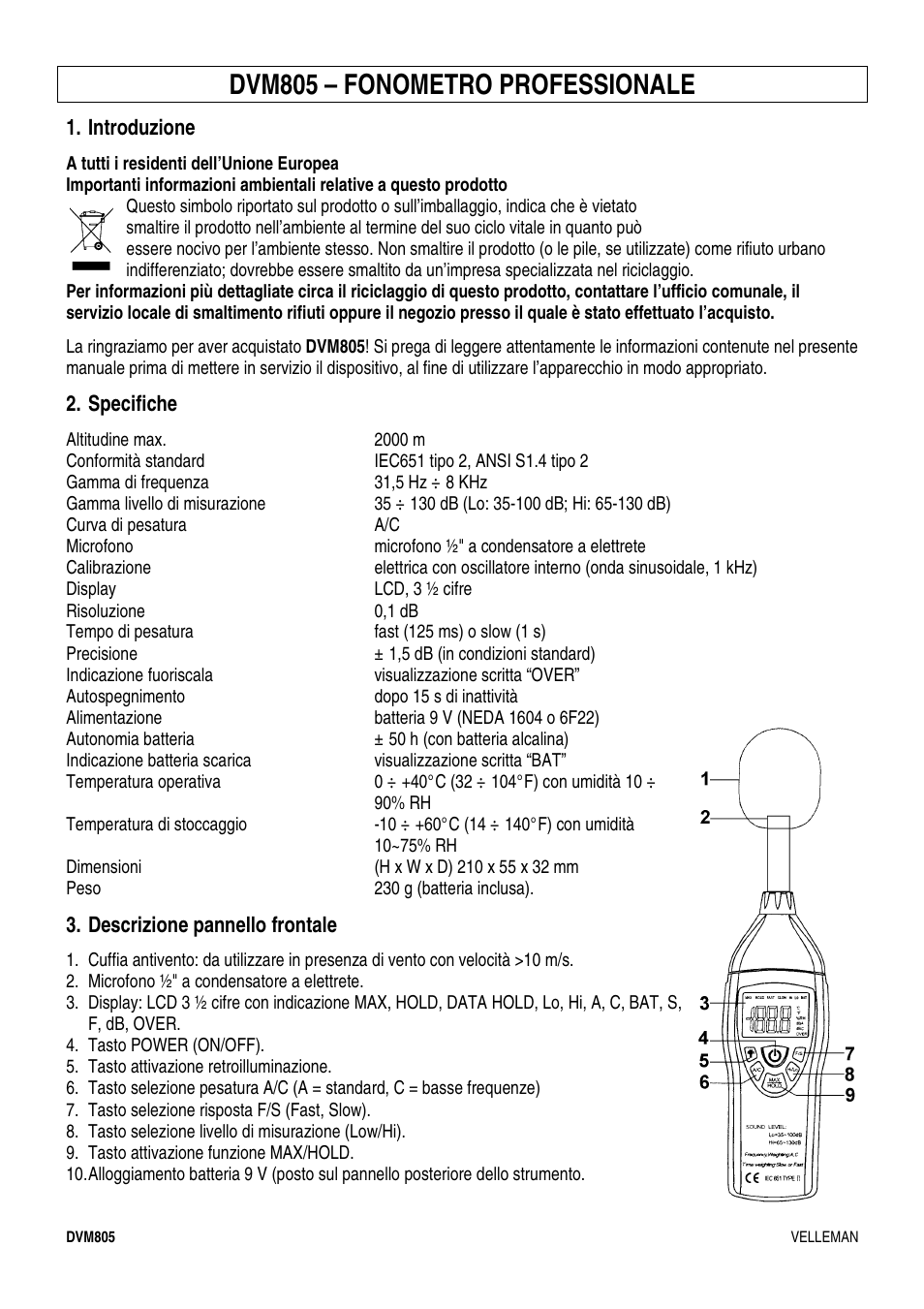 Dvm805 – fonometro professionale, Introduzione, Specifiche | Descrizione pannello frontale | Velleman DVM805 User Manual | Page 10 / 11