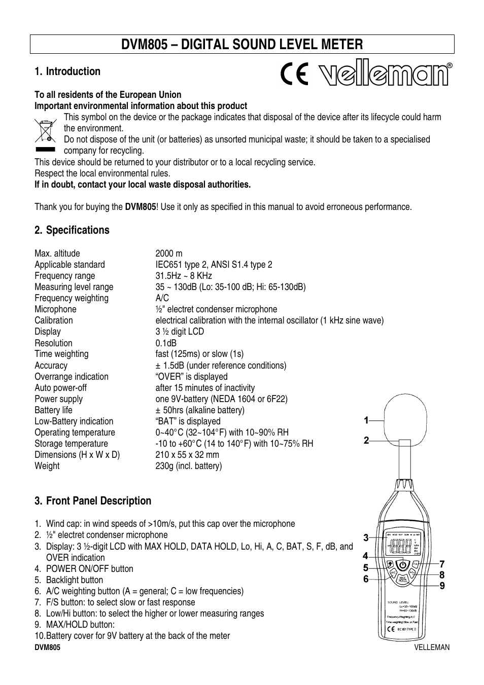 Dvm805 – digital sound level meter | Velleman DVM805 User Manual | Page 3 / 11