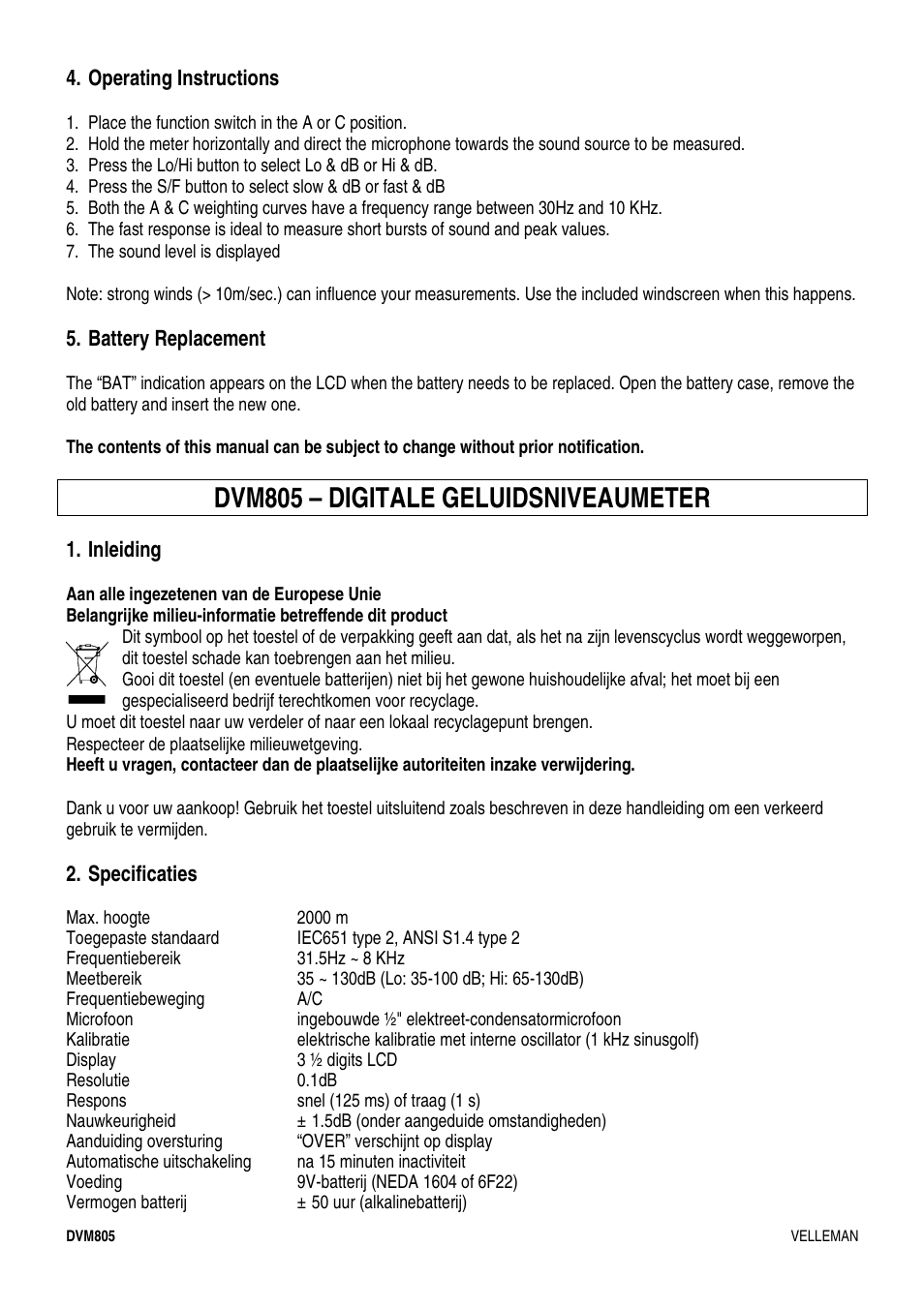 Dvm805 – digitale geluidsniveaumeter | Velleman DVM805 User Manual | Page 4 / 11