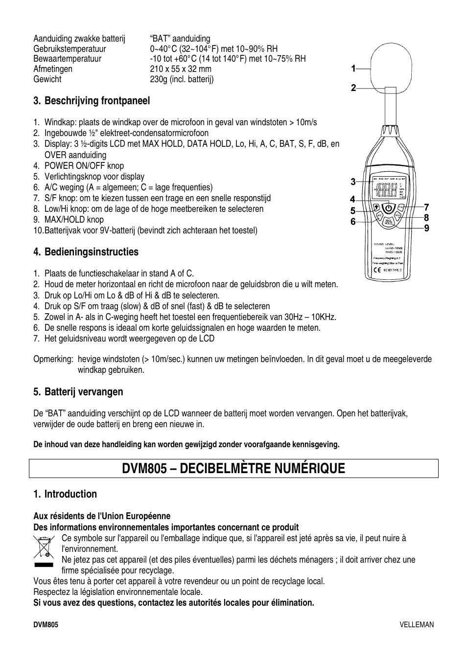 Dvm805 – decibelmètre numérique | Velleman DVM805 User Manual | Page 5 / 11