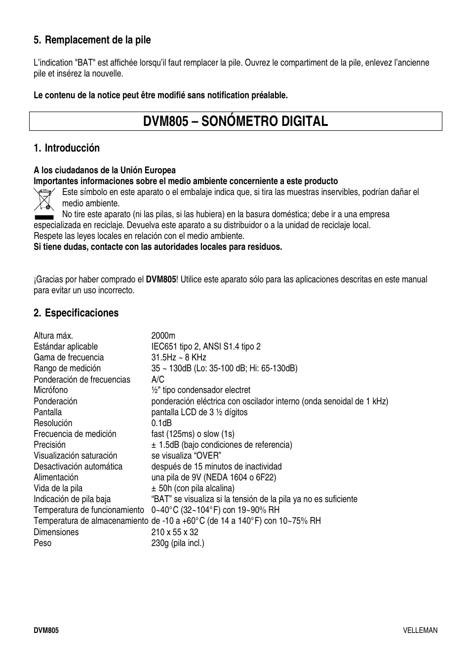 Dvm805 – sonómetro digital | Velleman DVM805 User Manual | Page 7 / 11