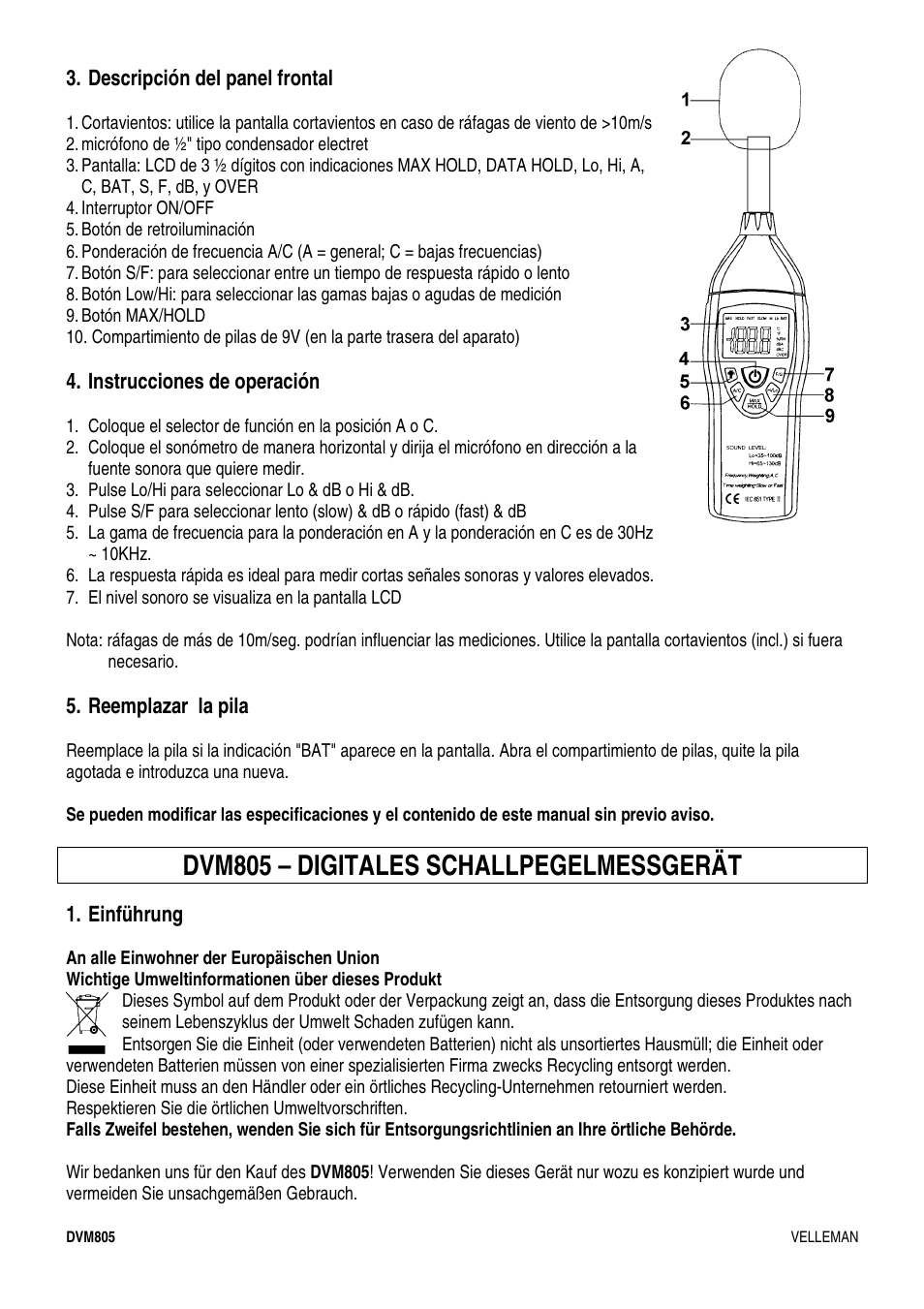 Dvm805 – digitales schallpegelmessgerät | Velleman DVM805 User Manual | Page 8 / 11