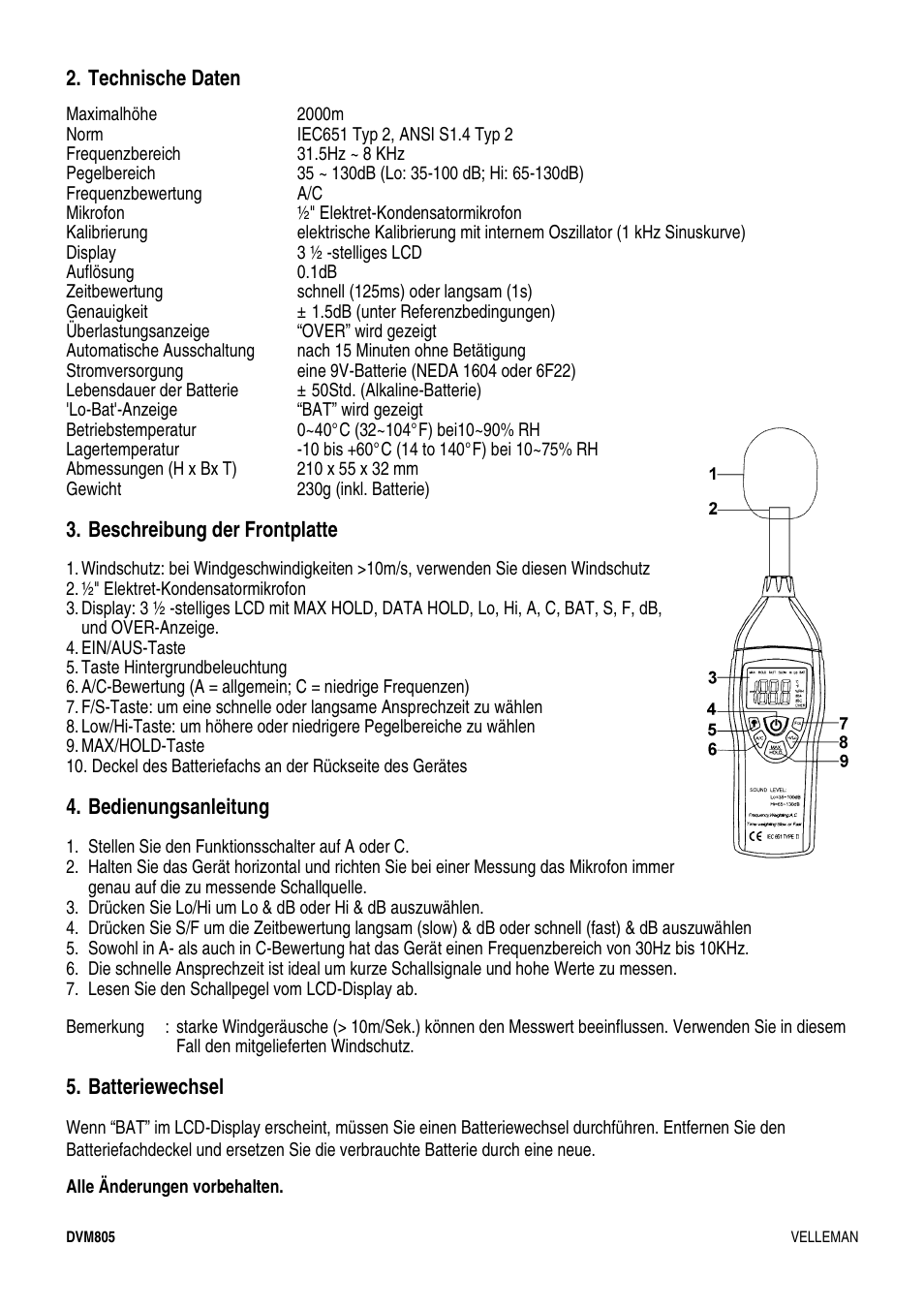 Technische daten, Beschreibung der frontplatte, Bedienungsanleitung | Batteriewechsel | Velleman DVM805 User Manual | Page 9 / 11