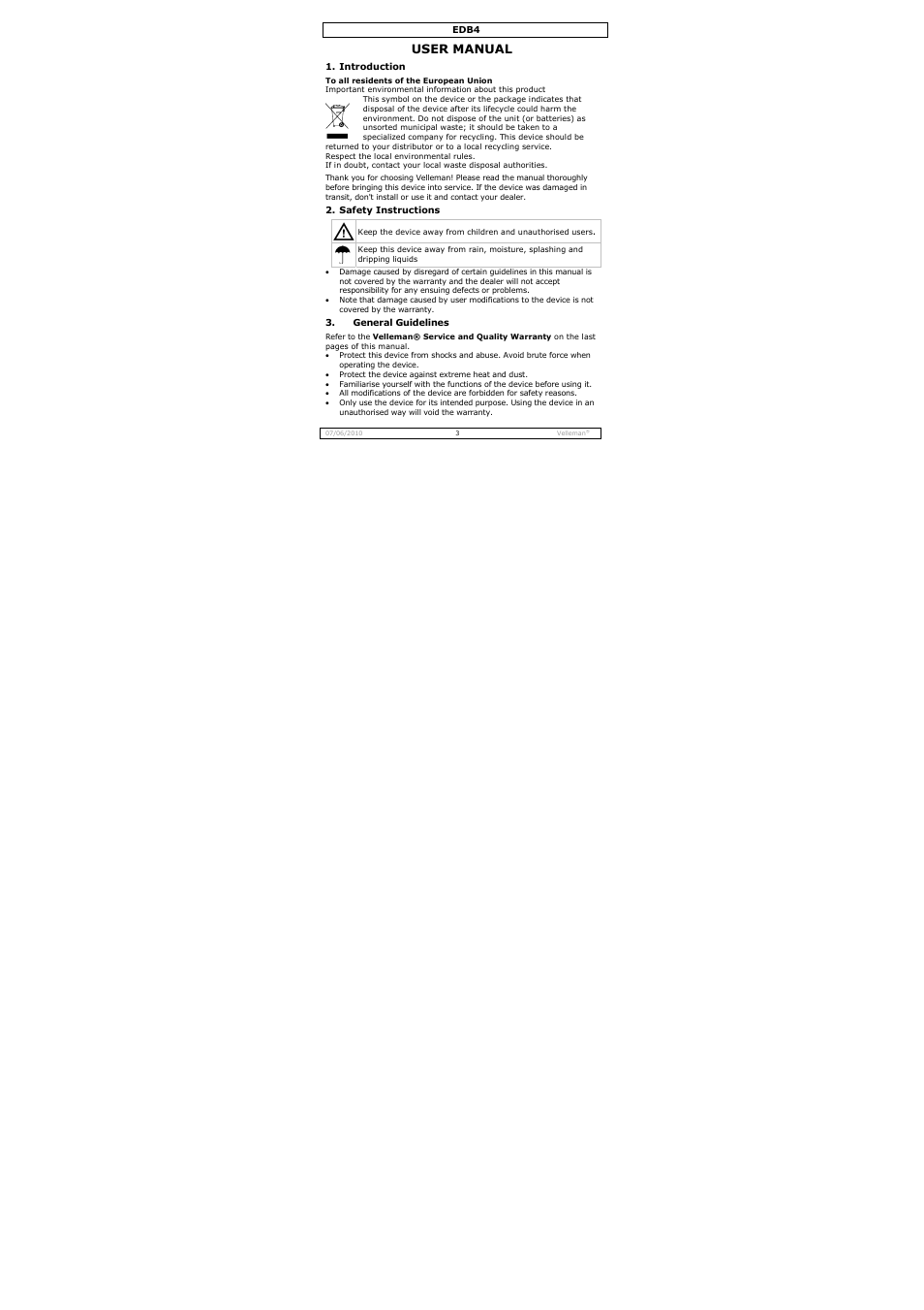 User manual | Velleman EDB4 User Manual | Page 3 / 34