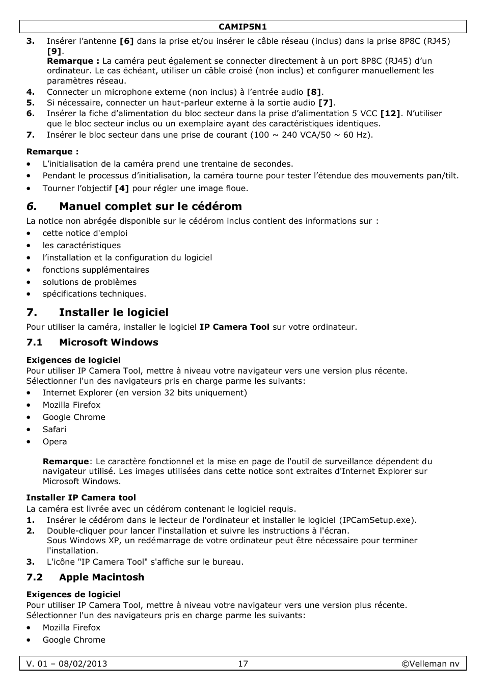 Remarque, Manuel complet sur le cédérom, Installer le logiciel | 1 microsoft windows, Exigences de logiciel, Installer ip camera tool, 2 apple macintosh | Velleman CAMIP5N1 Quick Installation Guide User Manual | Page 17 / 50