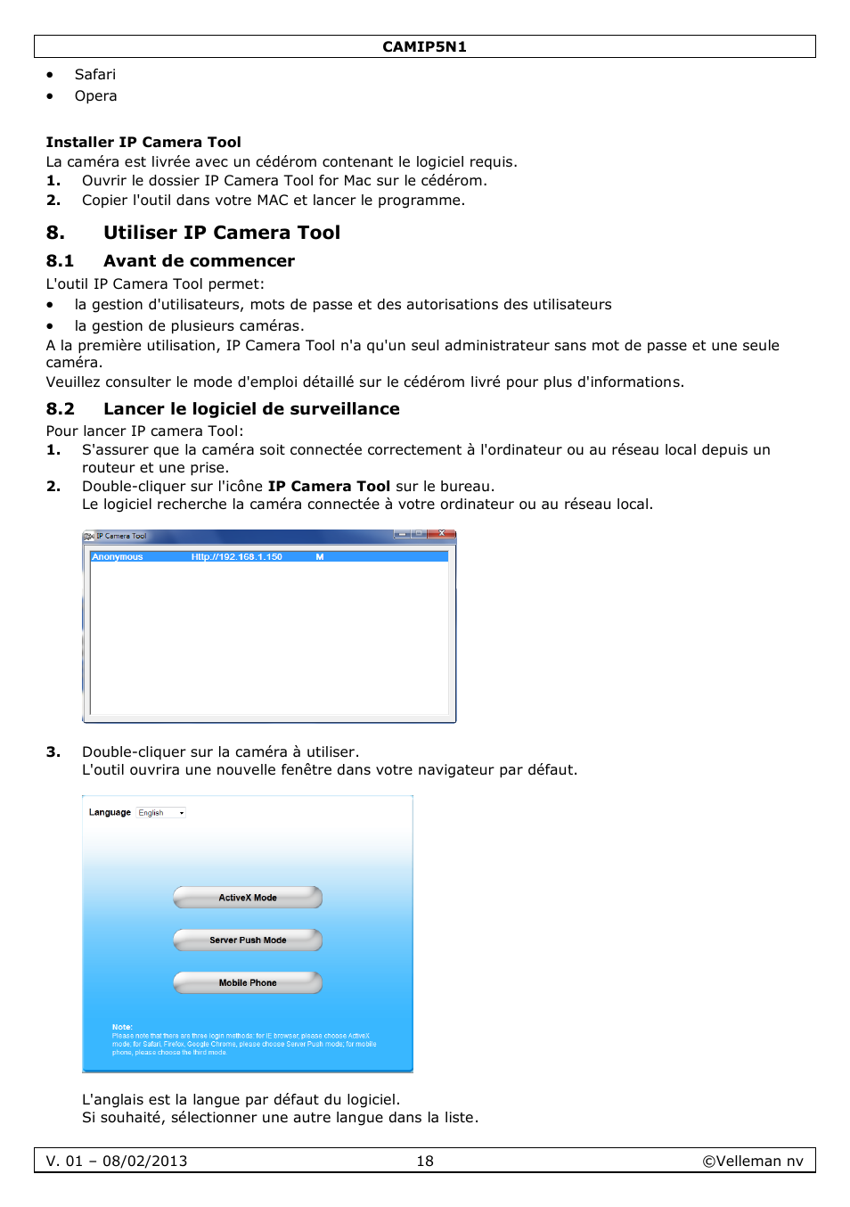 Installer ip camera tool, Utiliser ip camera tool, 1 avant de commencer | 2 lancer le logiciel de surveillance | Velleman CAMIP5N1 Quick Installation Guide User Manual | Page 18 / 50