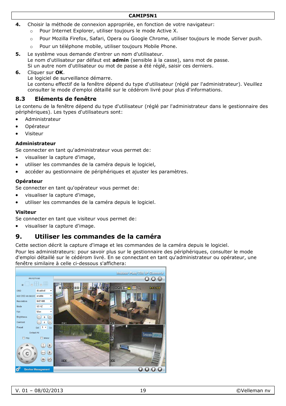 3 eléments de fenêtre, Administrateur, Opérateur | Visiteur, Utiliser les commandes de la caméra | Velleman CAMIP5N1 Quick Installation Guide User Manual | Page 19 / 50