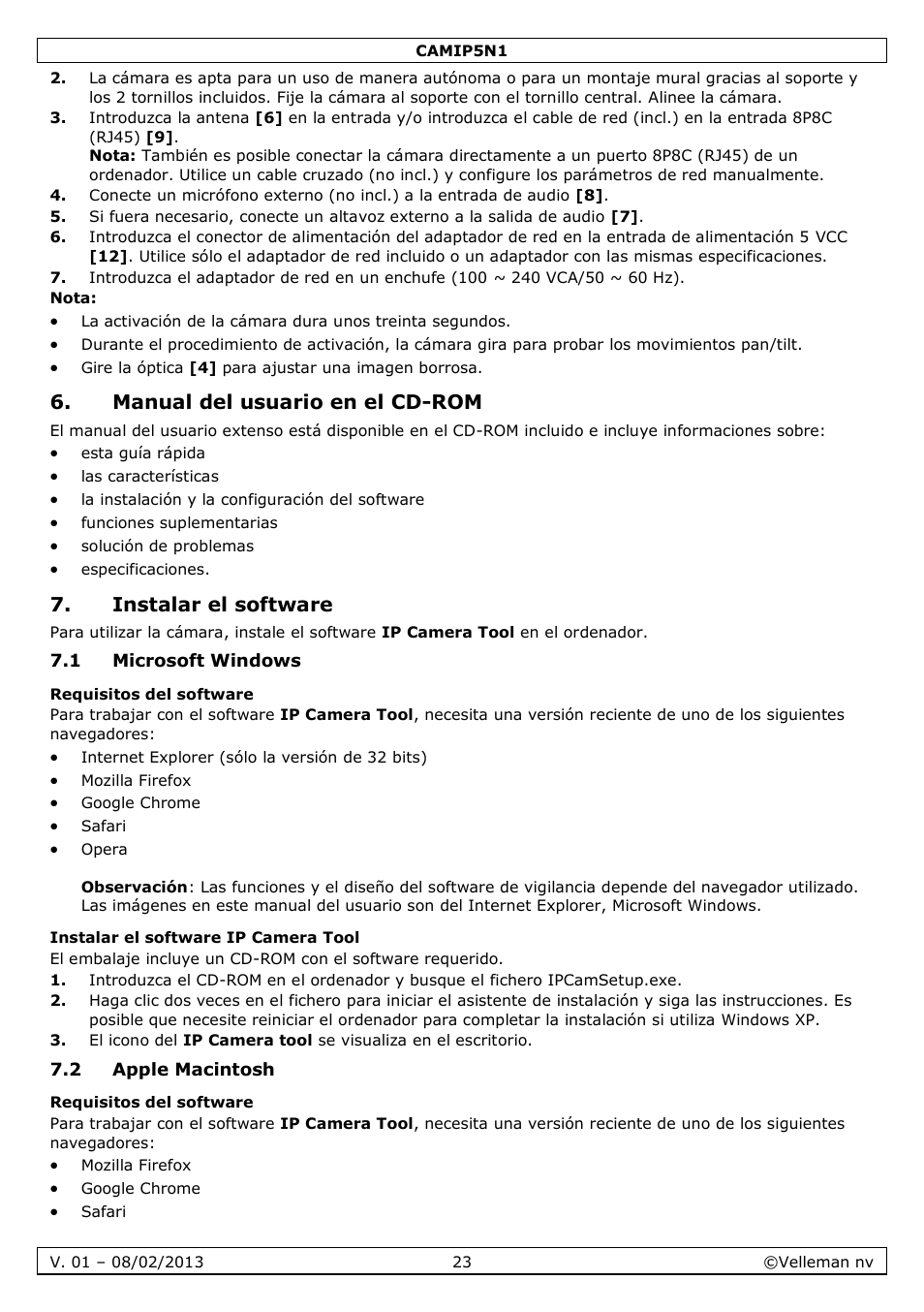 Manual del usuario en el cd-rom, Instalar el software, 1 microsoft windows | Requisitos del software, Instalar el software ip camera tool, 2 apple macintosh | Velleman CAMIP5N1 Quick Installation Guide User Manual | Page 23 / 50