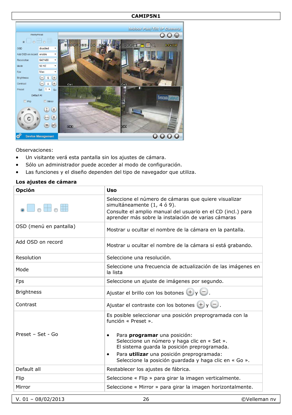 Los ajustes de cámara | Velleman CAMIP5N1 Quick Installation Guide User Manual | Page 26 / 50