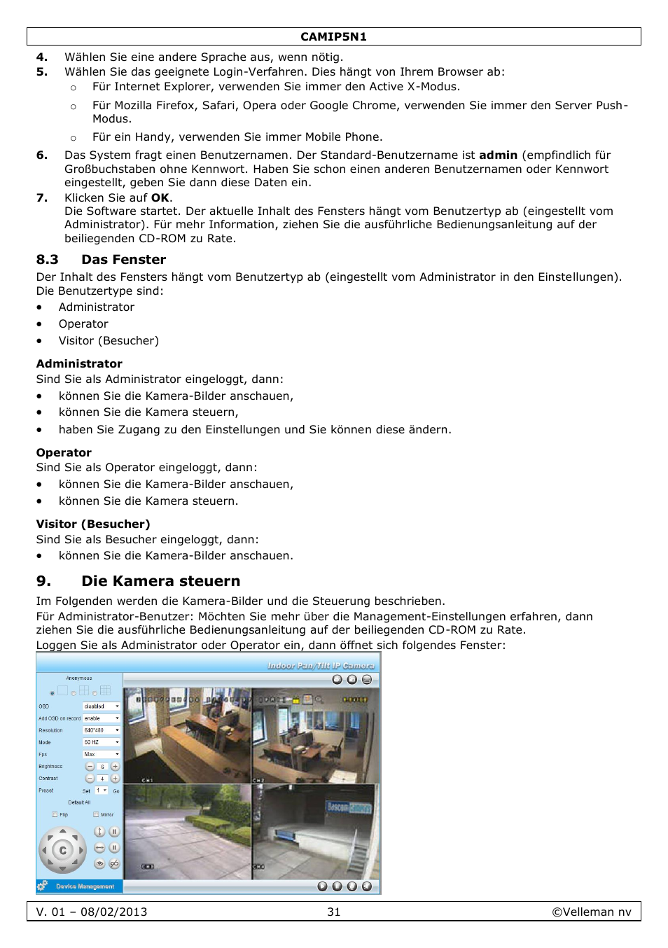 3 das fenster, Administrator, Operator | Visitor (besucher), Die kamera steuern | Velleman CAMIP5N1 Quick Installation Guide User Manual | Page 31 / 50