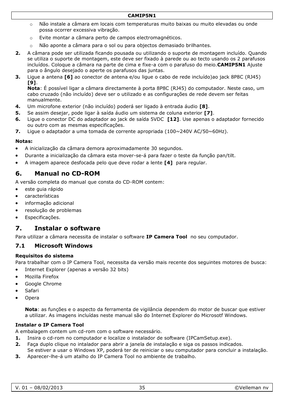 Notas, Manual no cd-rom, Instalar o software | 1 microsoft windows, Requisitos do sistema, Instalar o ip camera tool | Velleman CAMIP5N1 Quick Installation Guide User Manual | Page 35 / 50