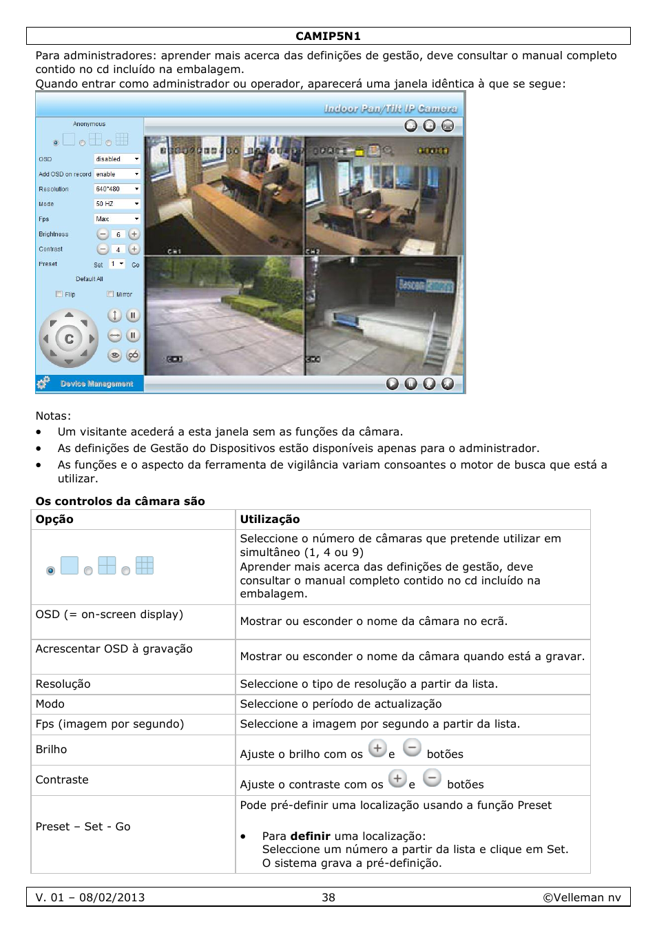 Os controlos da câmara são | Velleman CAMIP5N1 Quick Installation Guide User Manual | Page 38 / 50
