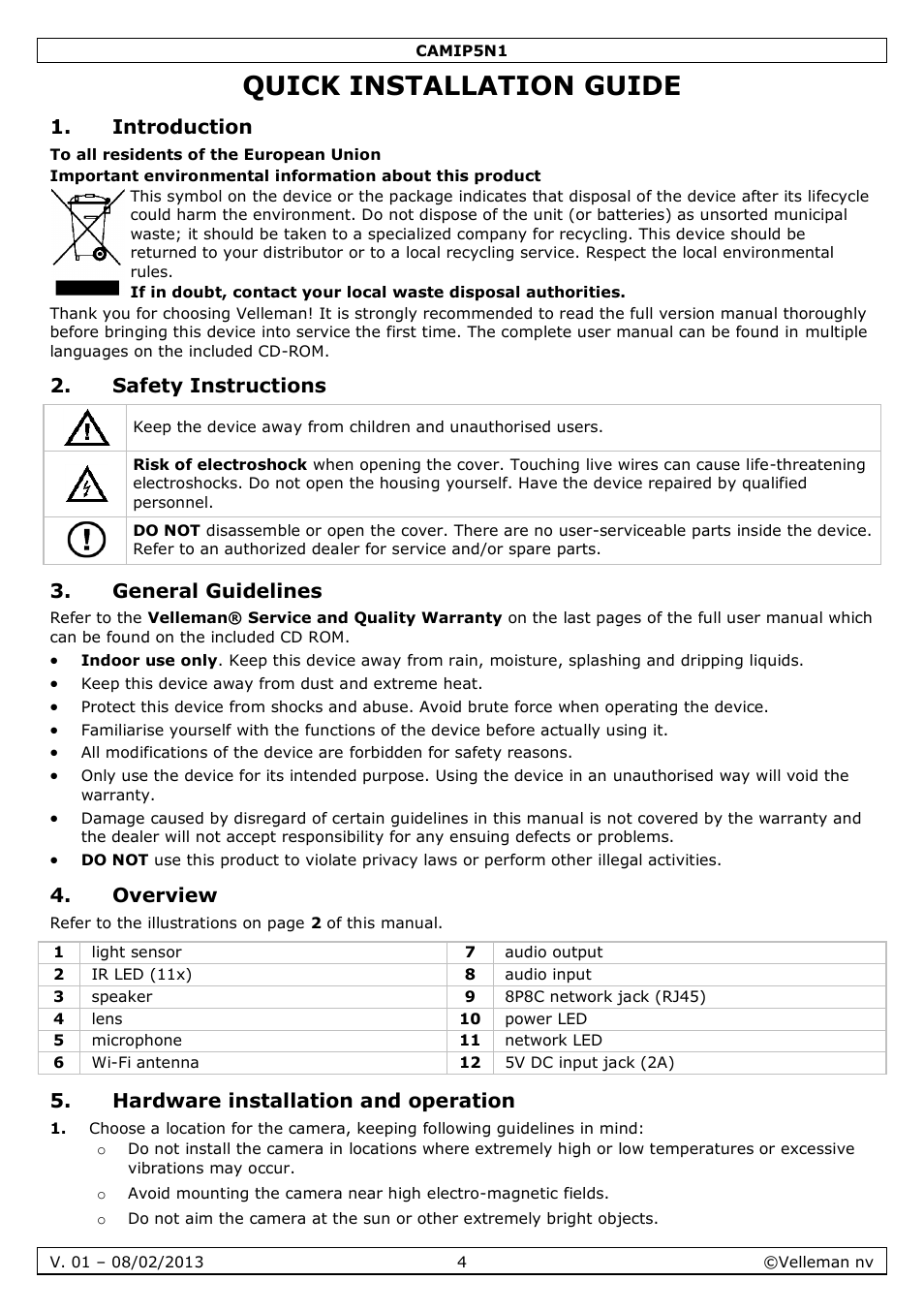 Quick installation guide, Introduction, Safety instructions | General guidelines, Overview, Hardware installation and operation | Velleman CAMIP5N1 Quick Installation Guide User Manual | Page 4 / 50